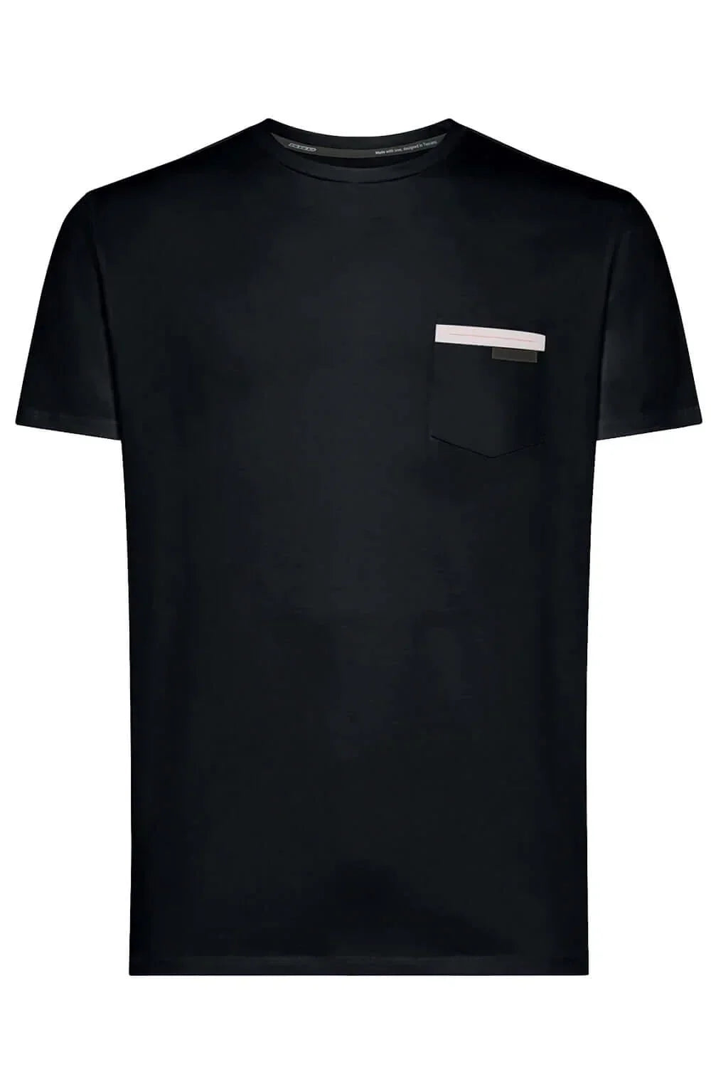 T-shirt uomo blu scuro con taschino e dettaglio bianco, stile casual moda uomo.