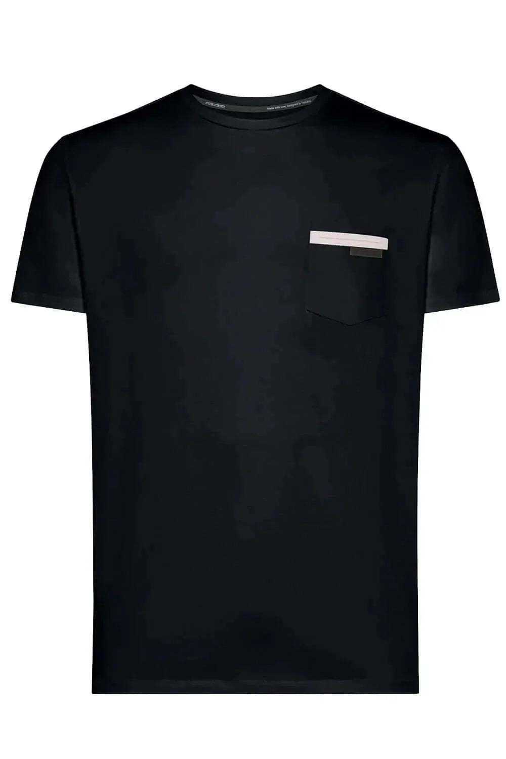 T-shirt uomo blu scuro con taschino e dettaglio bianco, stile casual moda uomo.
