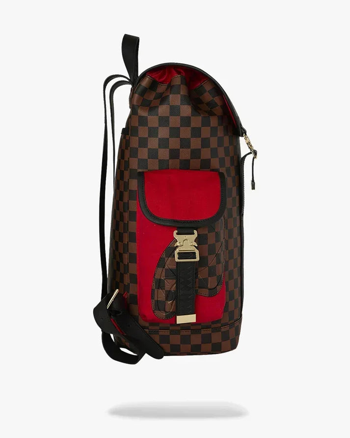 Borsa a tracolla uomo fantasia check marrone con tasca frontale rossa e fibbia dorata