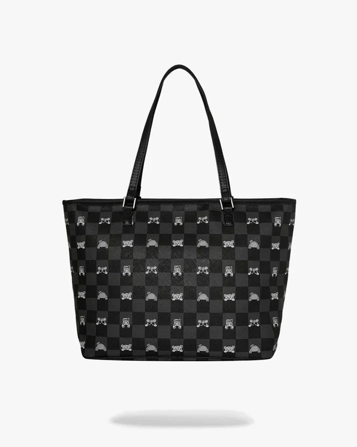 Shopper donna nera a quadri con doppio manico, motivo geometrico elegante