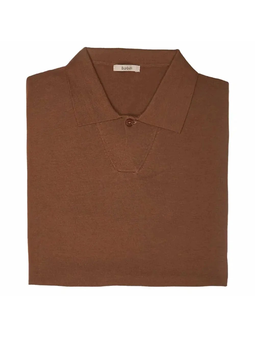Maglia polo uomo marrone in cotone, elegante, piegata su sfondo bianco