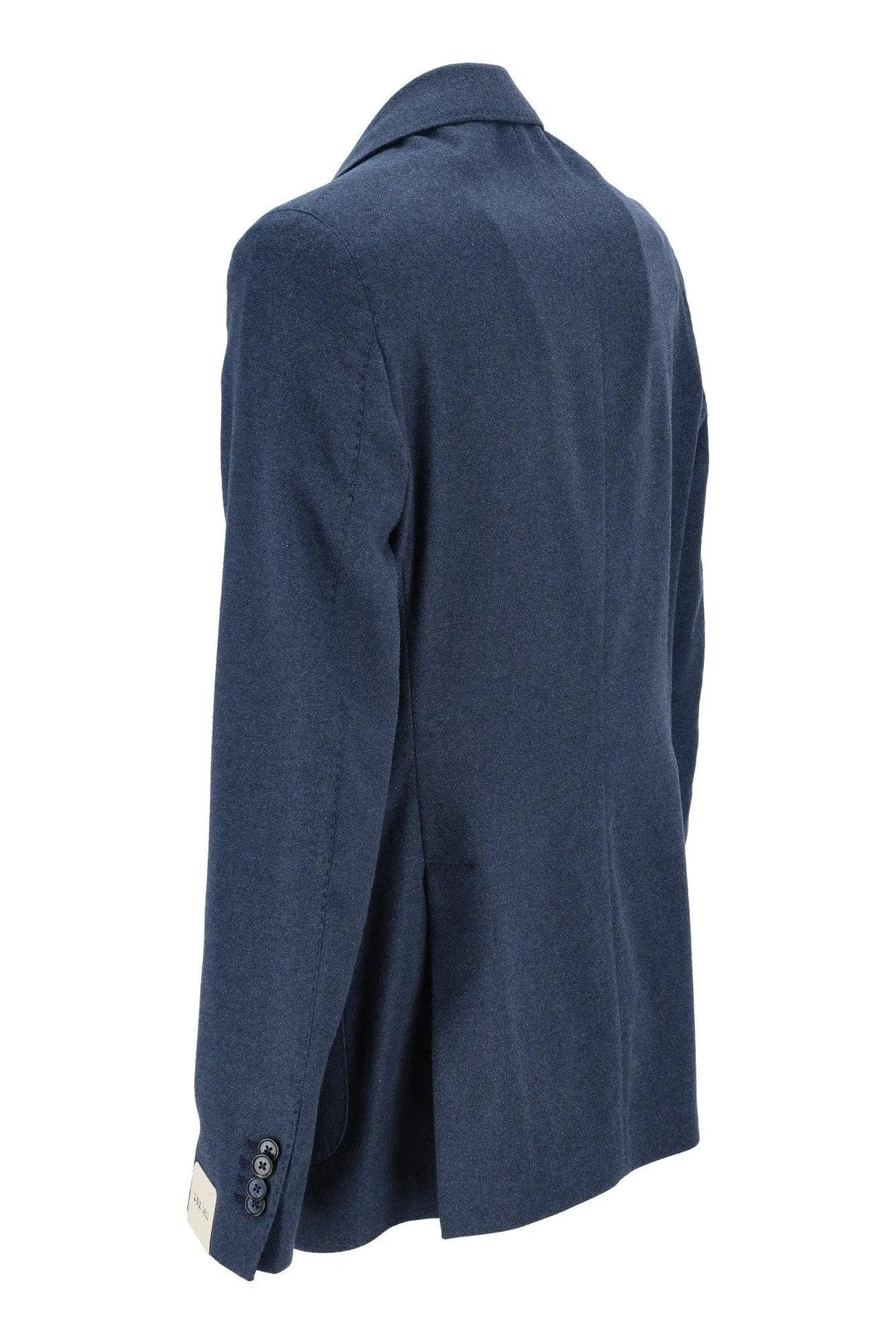 Giacca uomo blu elegante in tessuto leggero, vista posteriore con dettaglio bottoni manica.