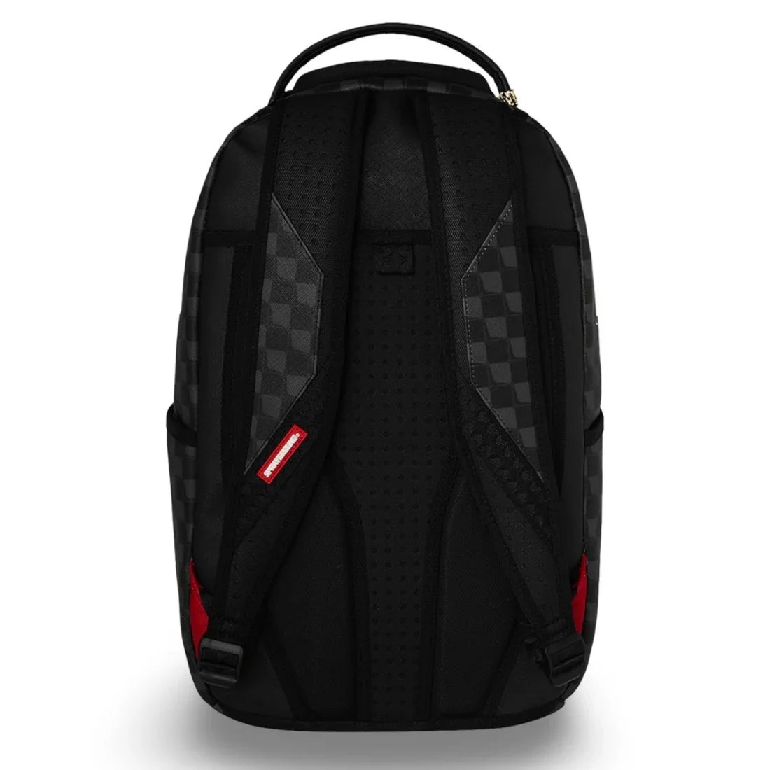 Zaino nero unisex con spallacci imbottiti e motivo a scacchi grigi, dettagli rossi