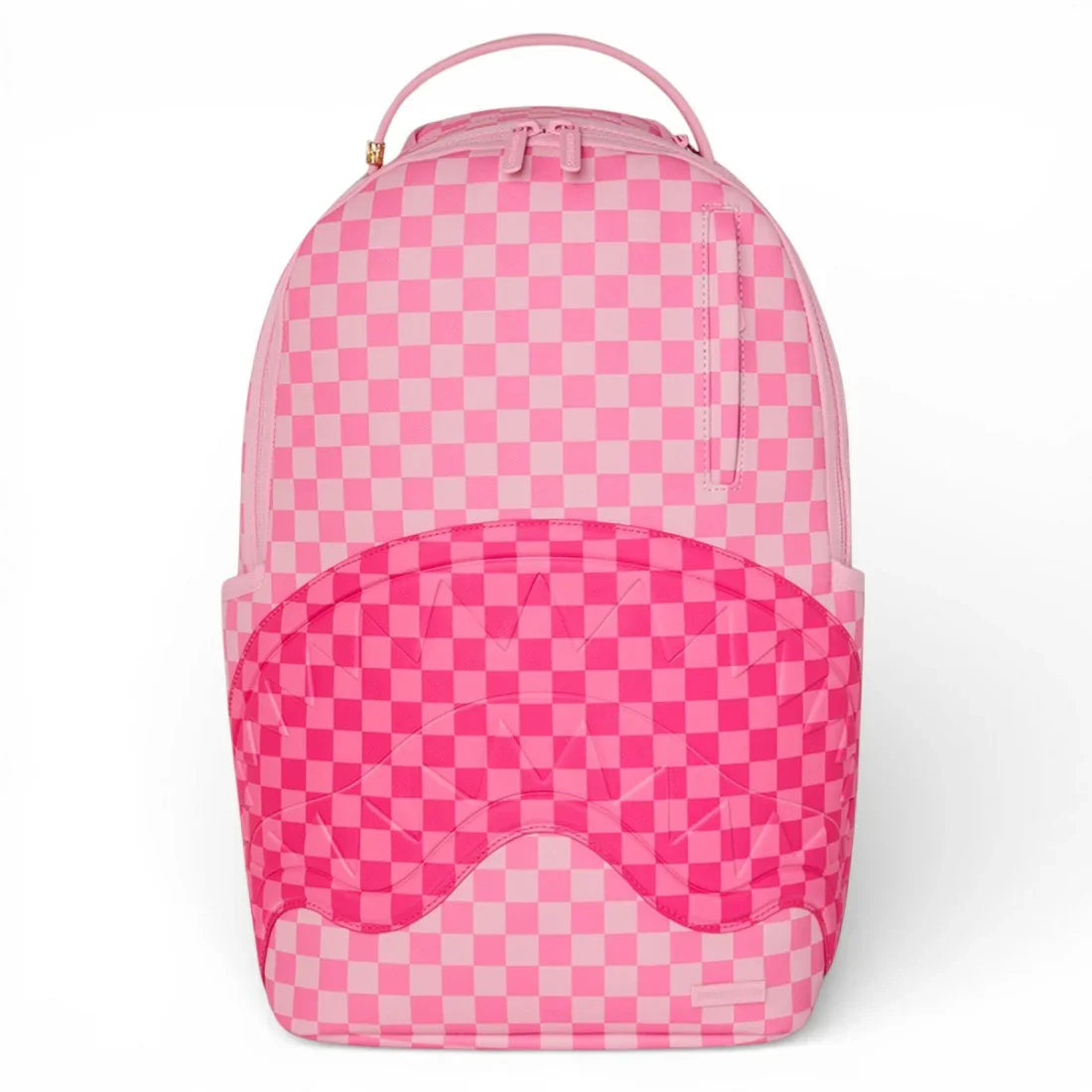 Zaino rosa con motivo a scacchi e dettagli geometrici, accessorio moda uomo donna