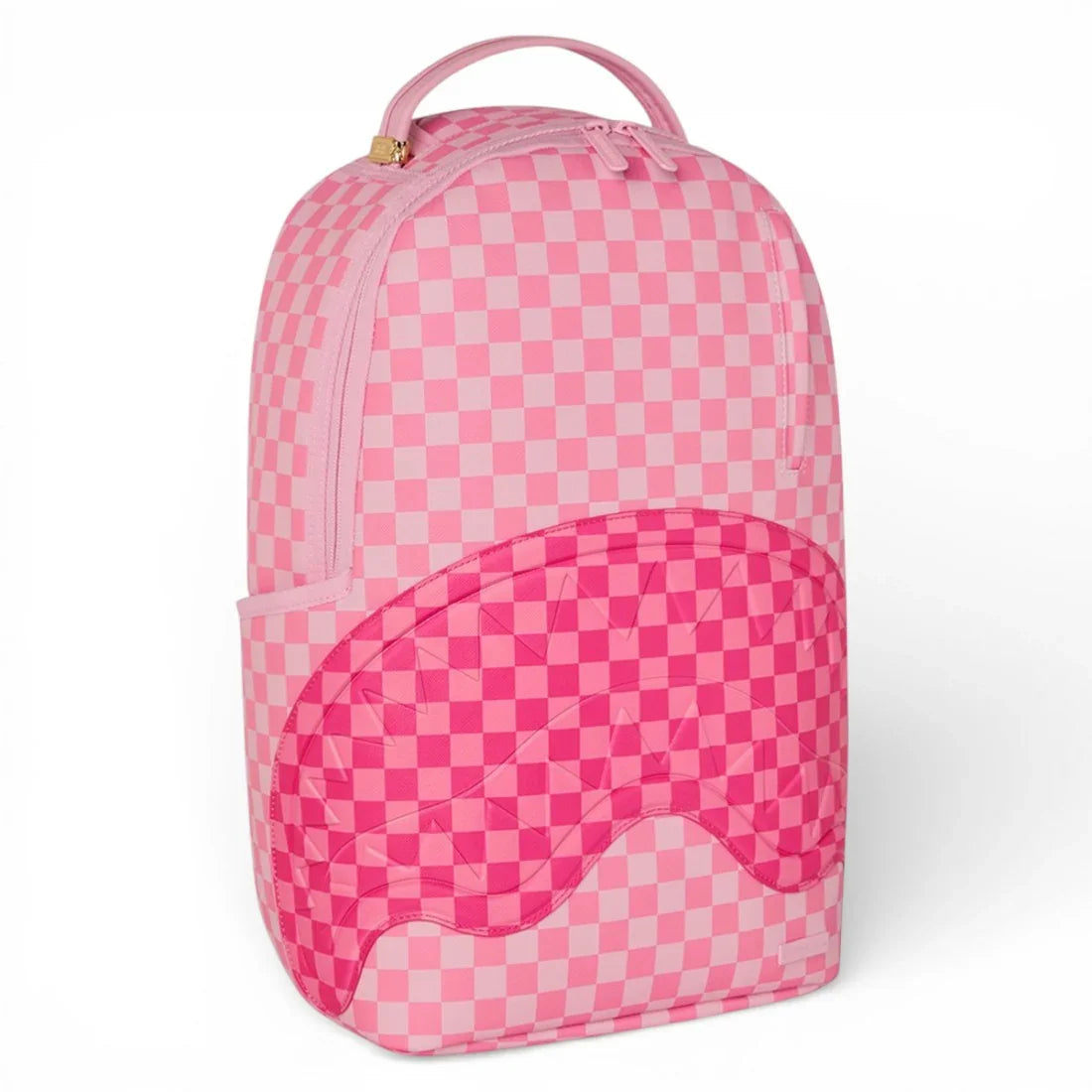Zaino rosa a scacchi con design geometrico, accessorio moda uomo donna, dettagli moderni.