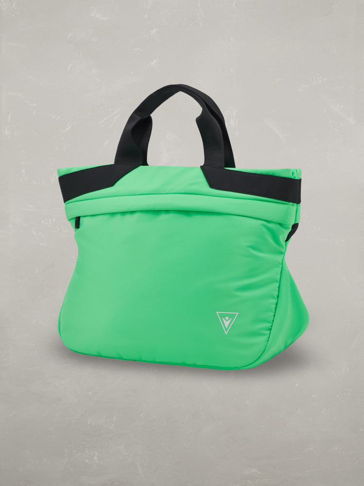 Borsa shopper verde fluo con manici neri, design moderno e logo sul fronte.