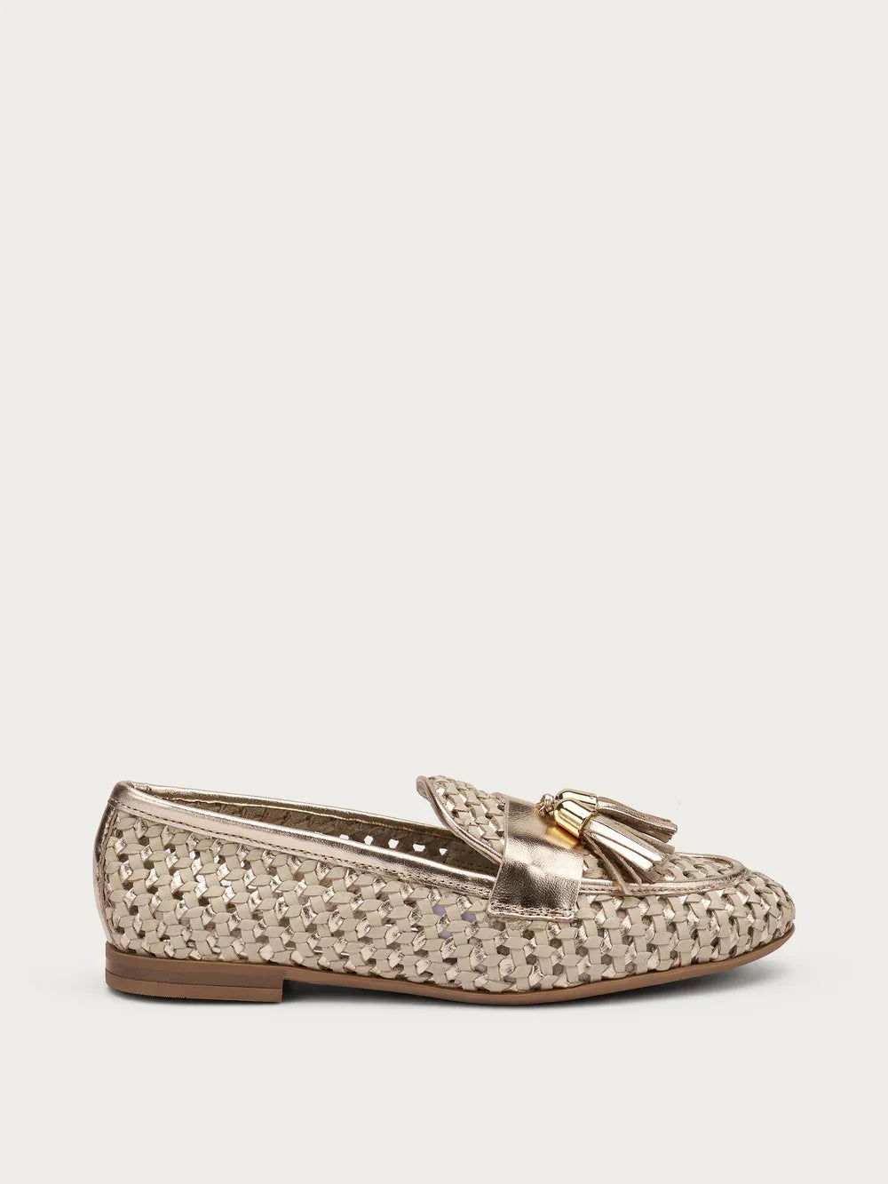 Mocassino donna intrecciato color oro con nappine, calzatura elegante estiva