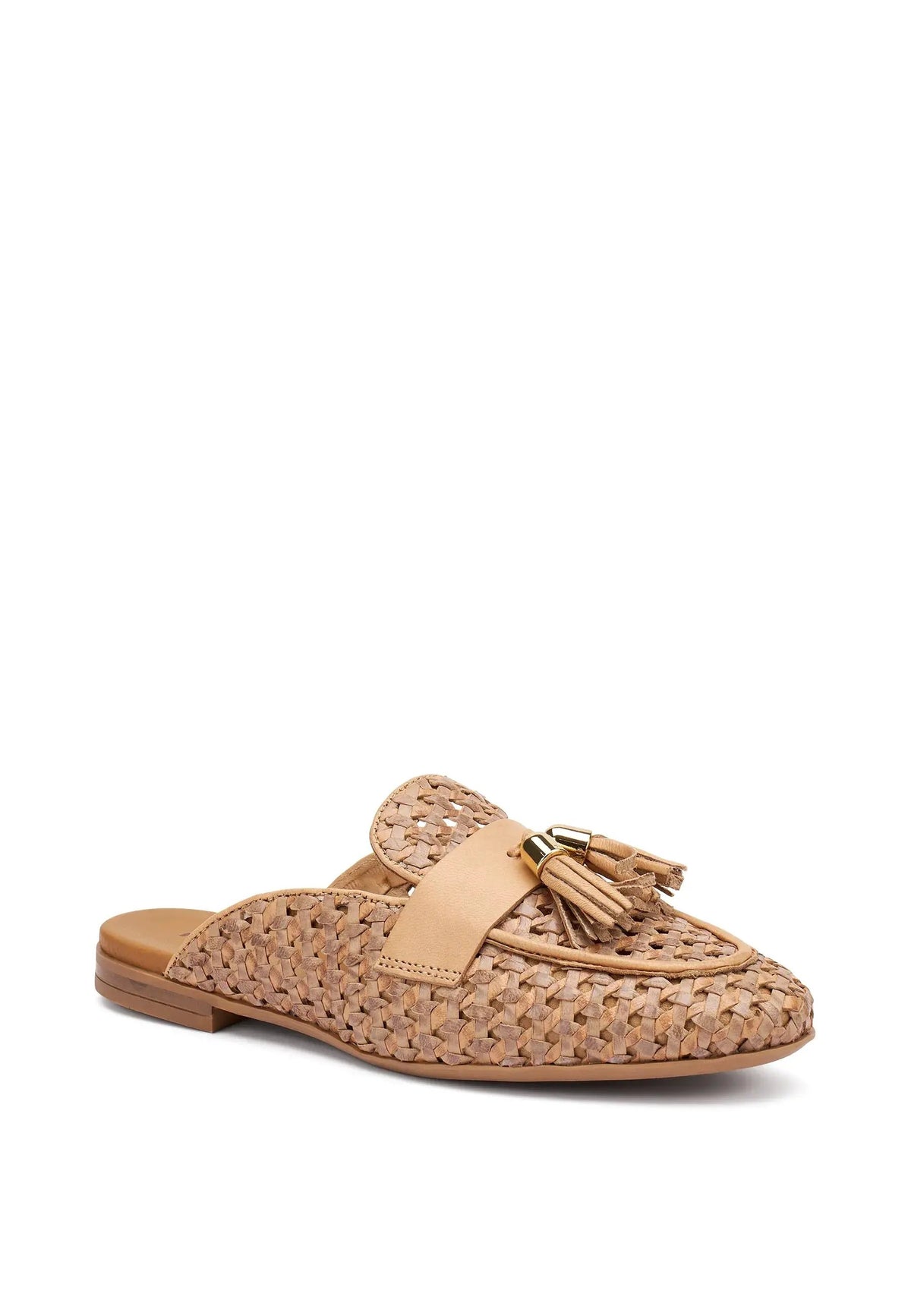 Mocassino donna in pelle intrecciata beige con nappine, calzatura estiva elegante