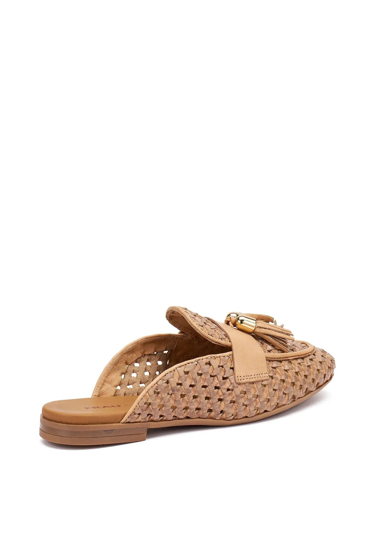 Mocassino intrecciato beige da donna in pelle con nappine dorate, calzature estive eleganti