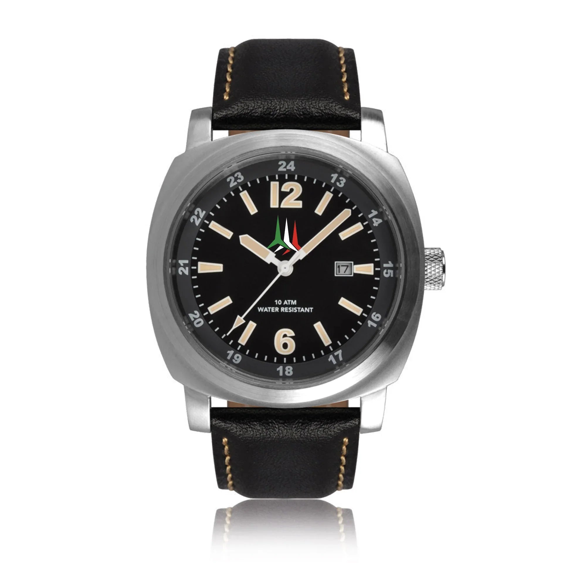 Orologio uomo acciaio 44mm quadrante nero, cinturino pelle nera, datario, stile sportivo