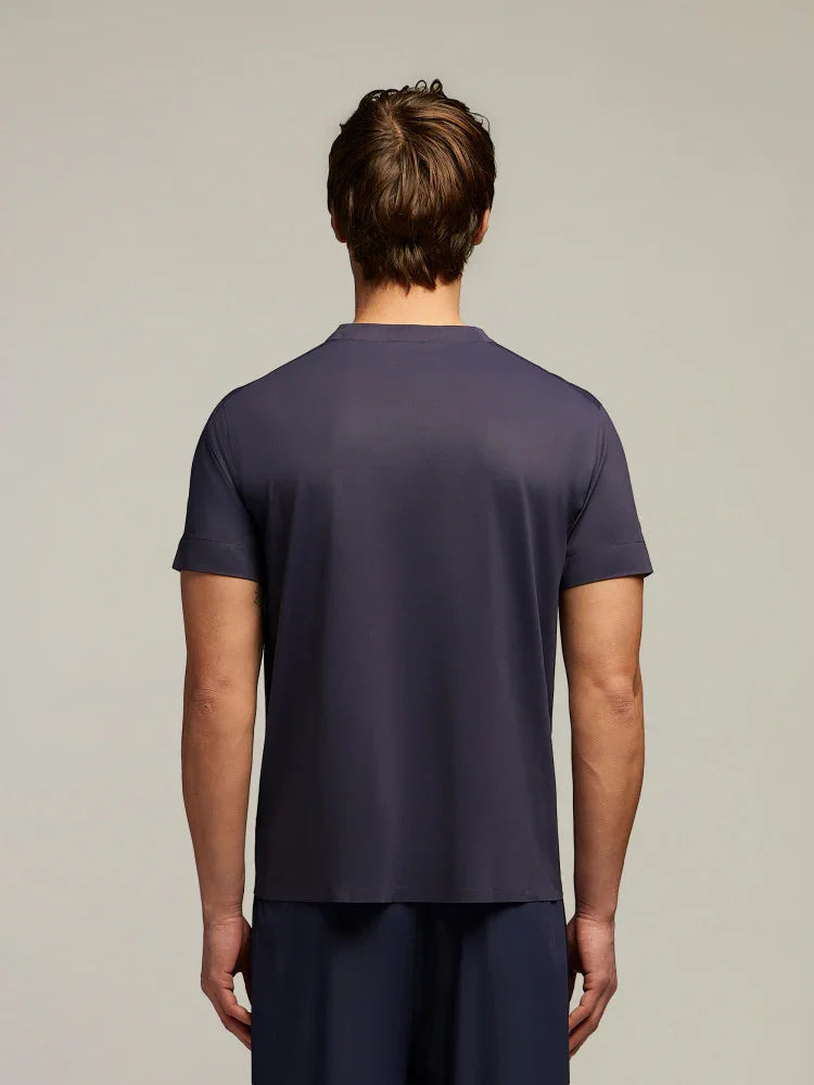 Maglietta uomo manica corta blu navy vista retro, abbigliamento casual elegante.