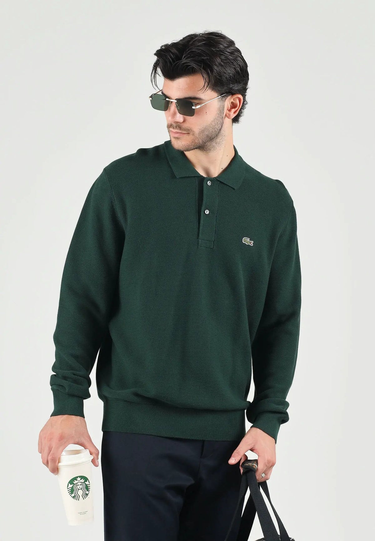 LACOSTE Polo manica lunga verde da uomo con colletto classico AH9904 YZP LACOSTE