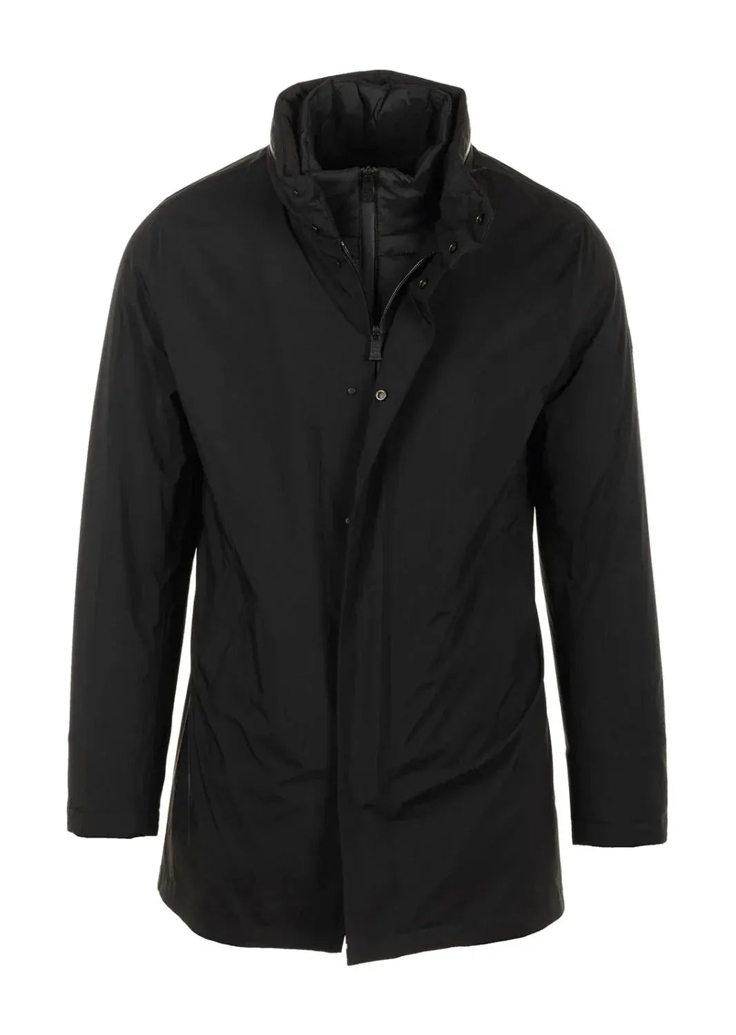 Giacca uomo nera elegante con zip, chiusura a bottoni e colletto alto, moda autunno inverno.