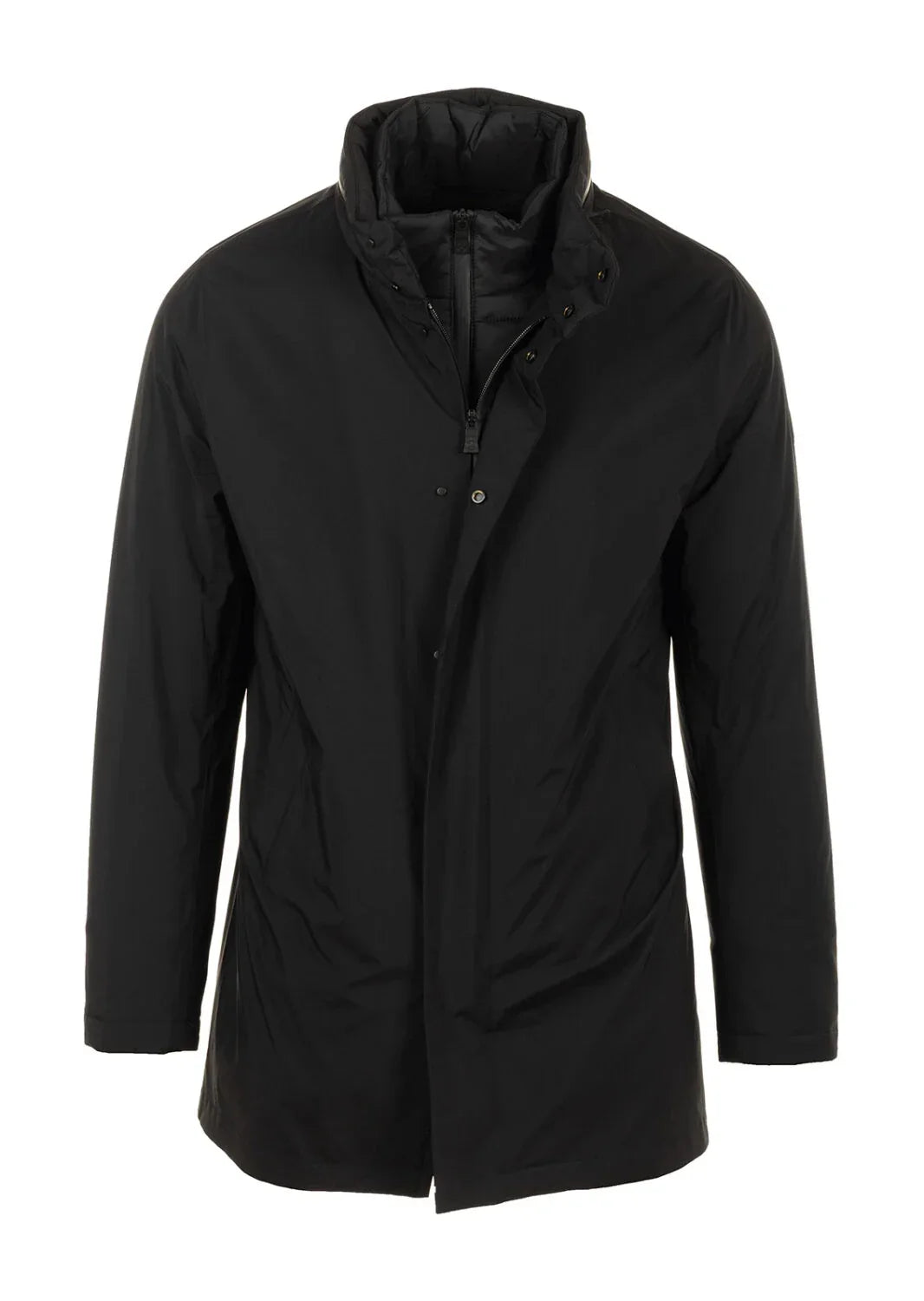 Giacca uomo nera elegante con zip, chiusura a bottoni e colletto alto, moda autunno inverno.