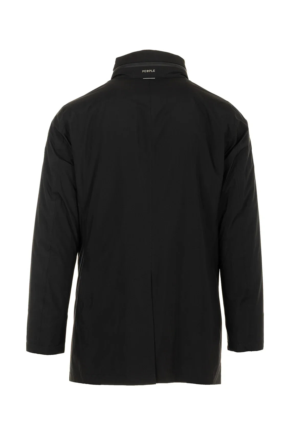 Cappotto uomo nero elegante visto da dietro, modello lungo a maniche lunghe