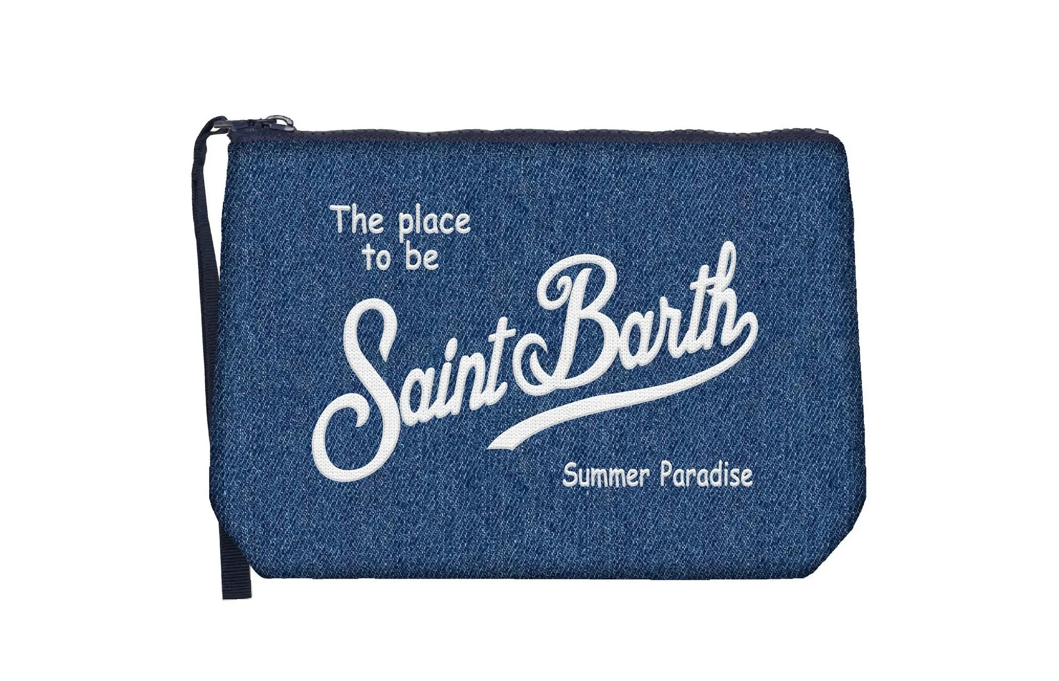 Pochette donna in denim blu con scritta Saint Barth bianca e zip, stile casual estivo.