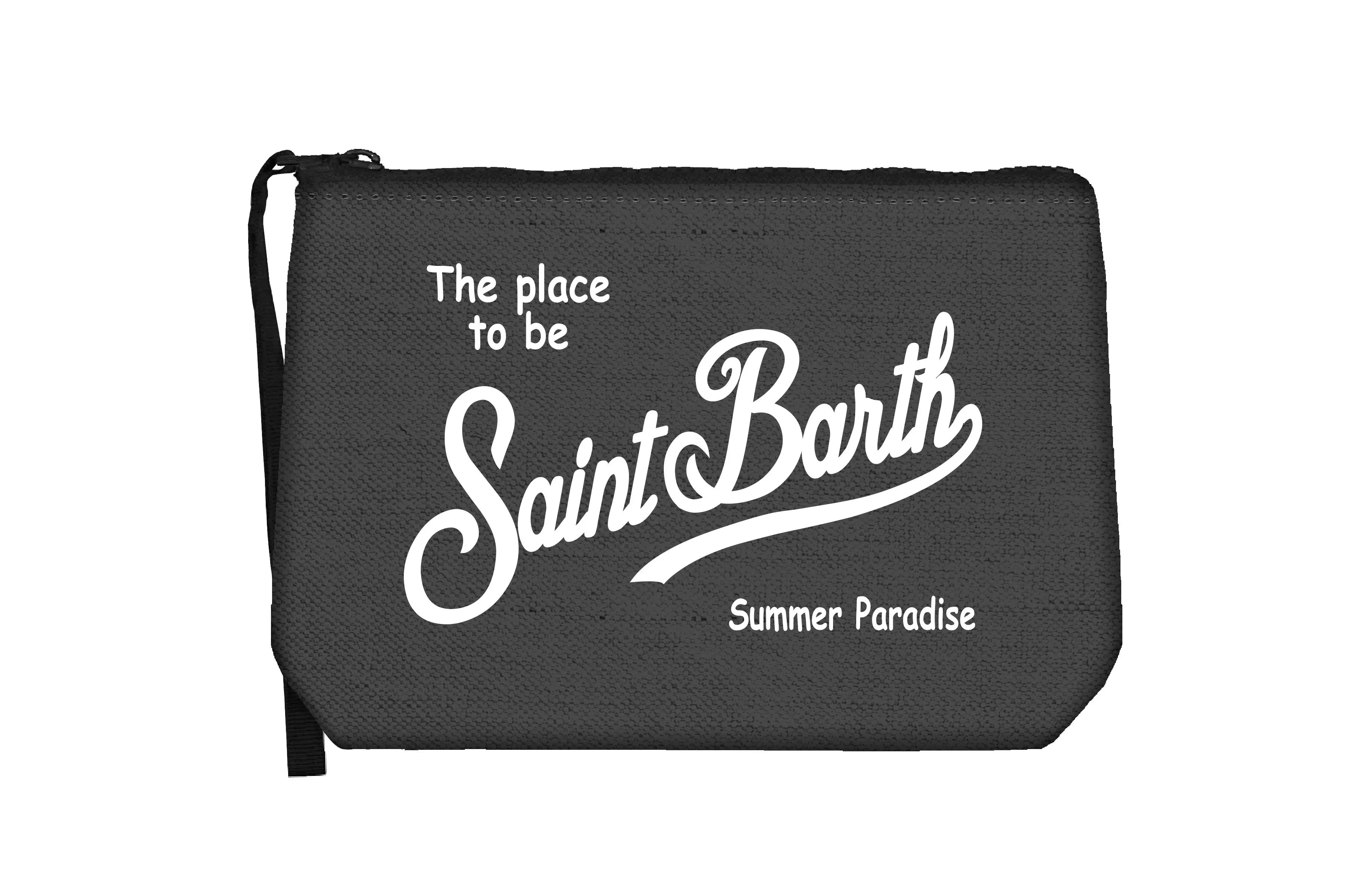 Pochette nera in lino con scritta bianca Saint Barth e frase Summer Paradise