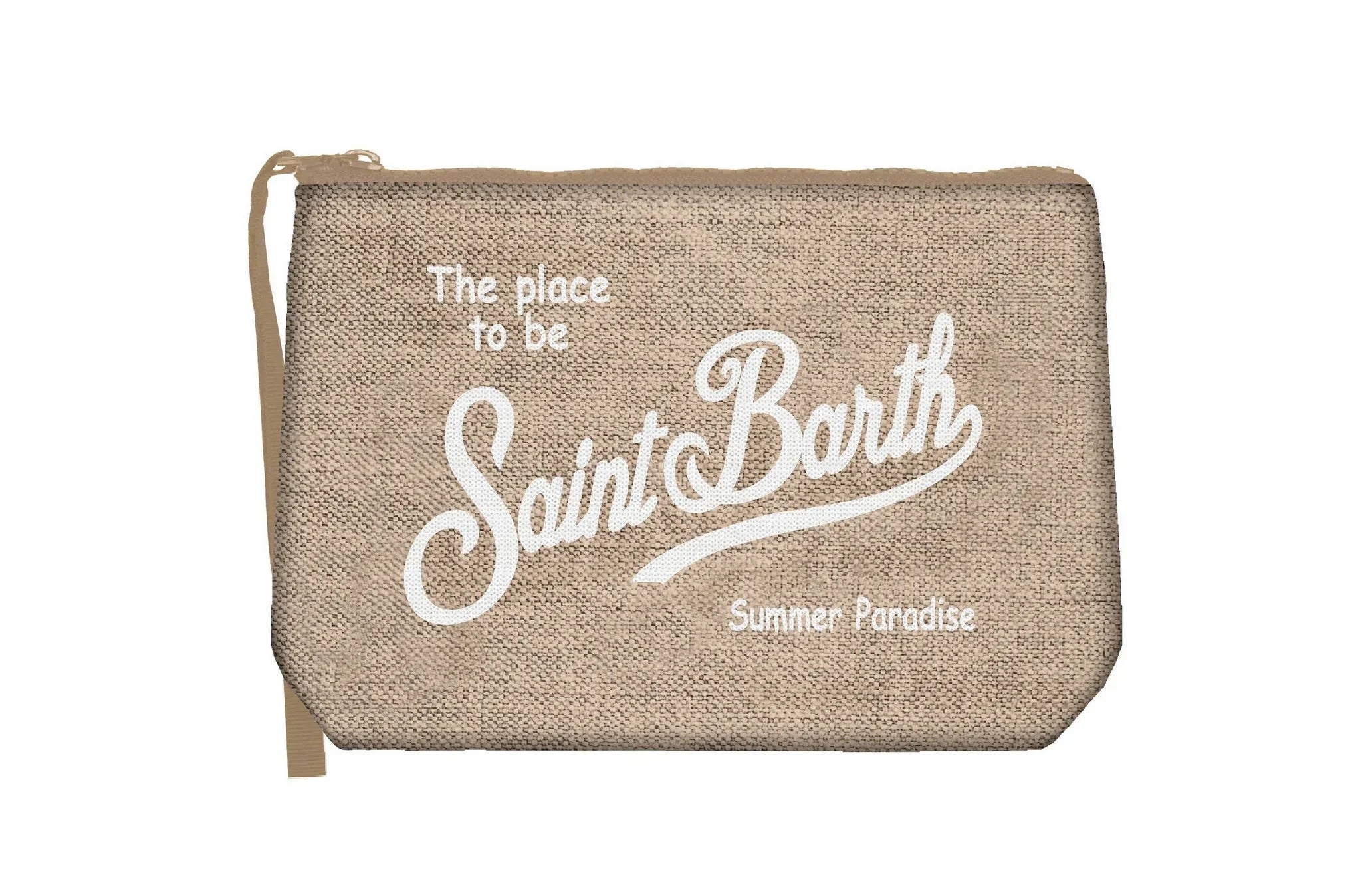 Pochette beige in lino con cerniera e scritta bianca Saint Barth, stile estivo casual.