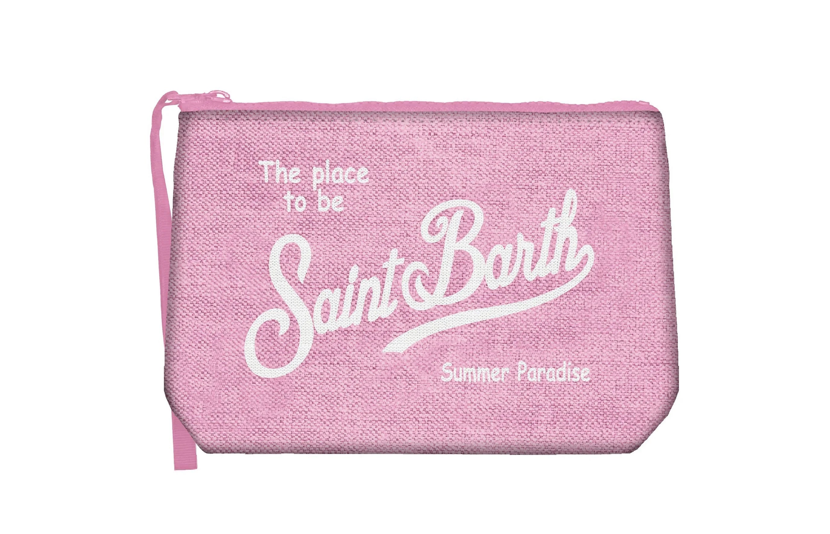 Pochette rosa in lino con zip e scritta bianca Saint Barth, accessorio moda donna.