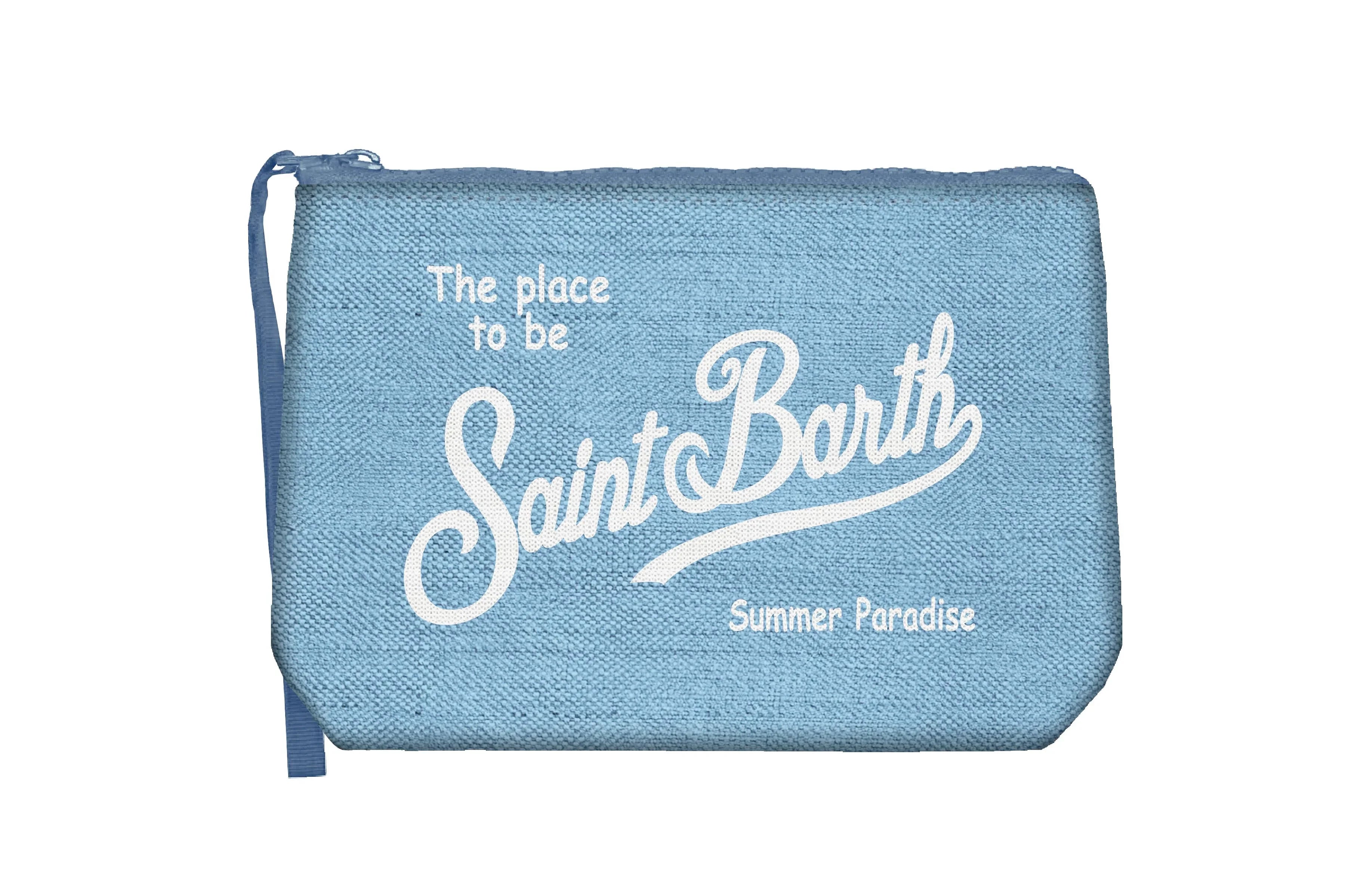 Pochette in lino azzurro chiaro con zip, scritta Saint Barth bianca, accessorio estivo donna