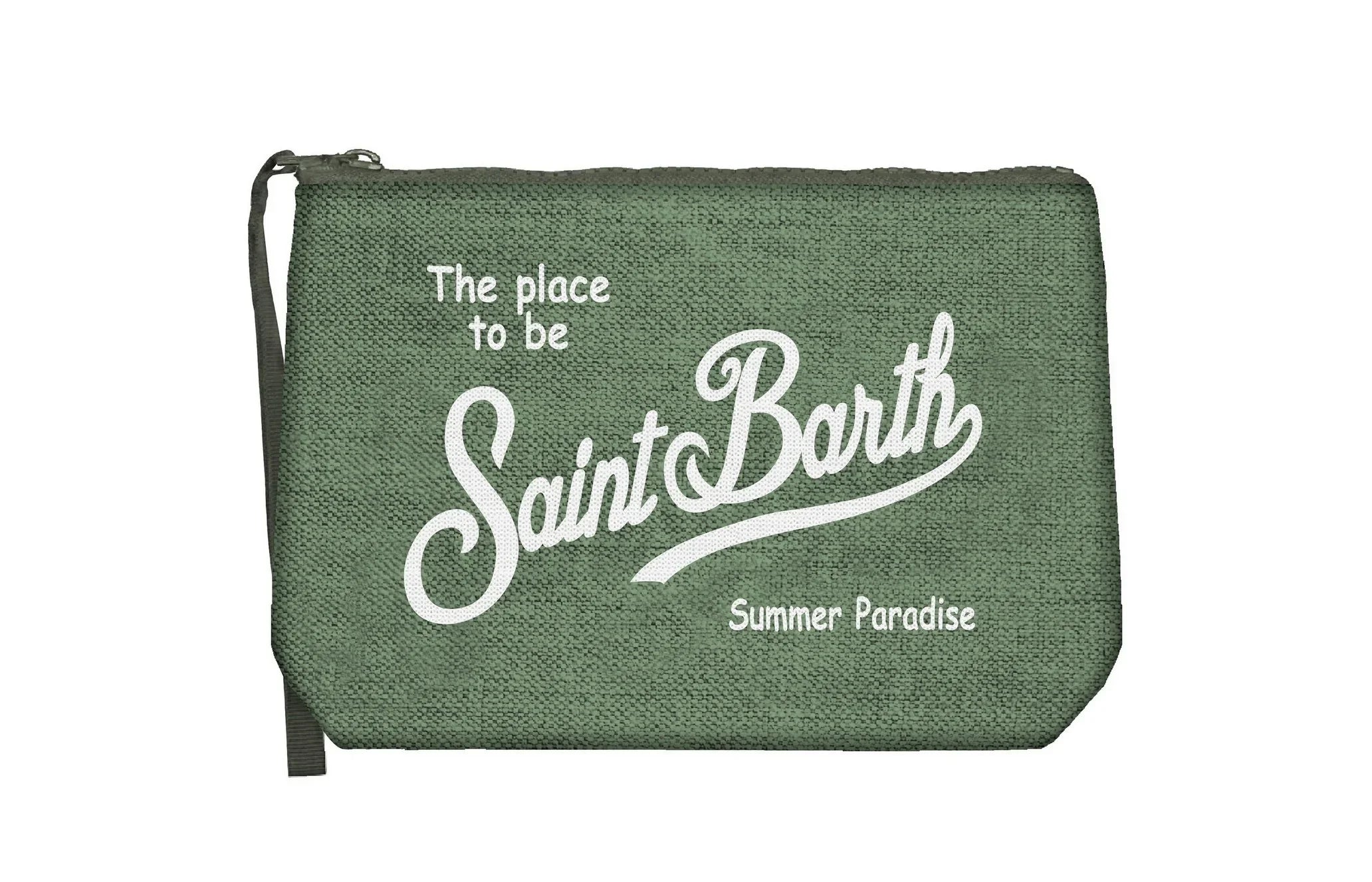 Pochette verde militare in lino con zip e scritta bianca Saint Barth, accessorio moda unisex.