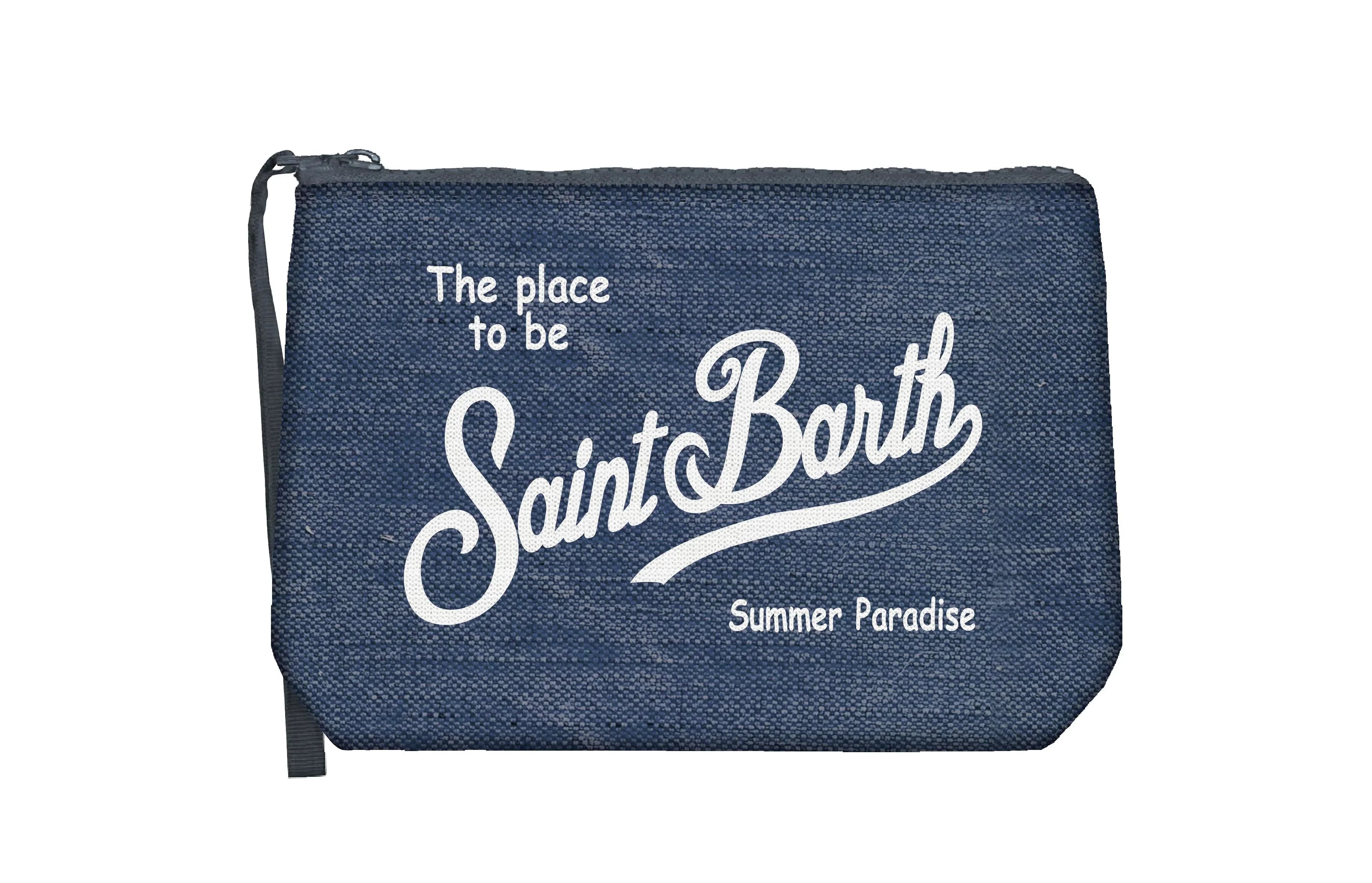 Pochette in lino blu navy con scritta bianca Saint Barth, chiusura zip, moda estiva.