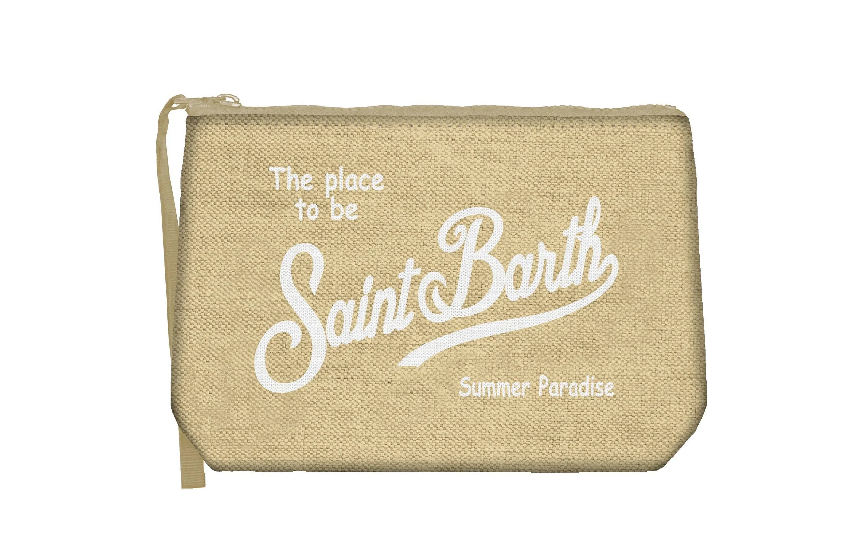 Pochette in lino beige chiaro con zip e scritta bianca 'Saint Barth Summer Paradise'.
