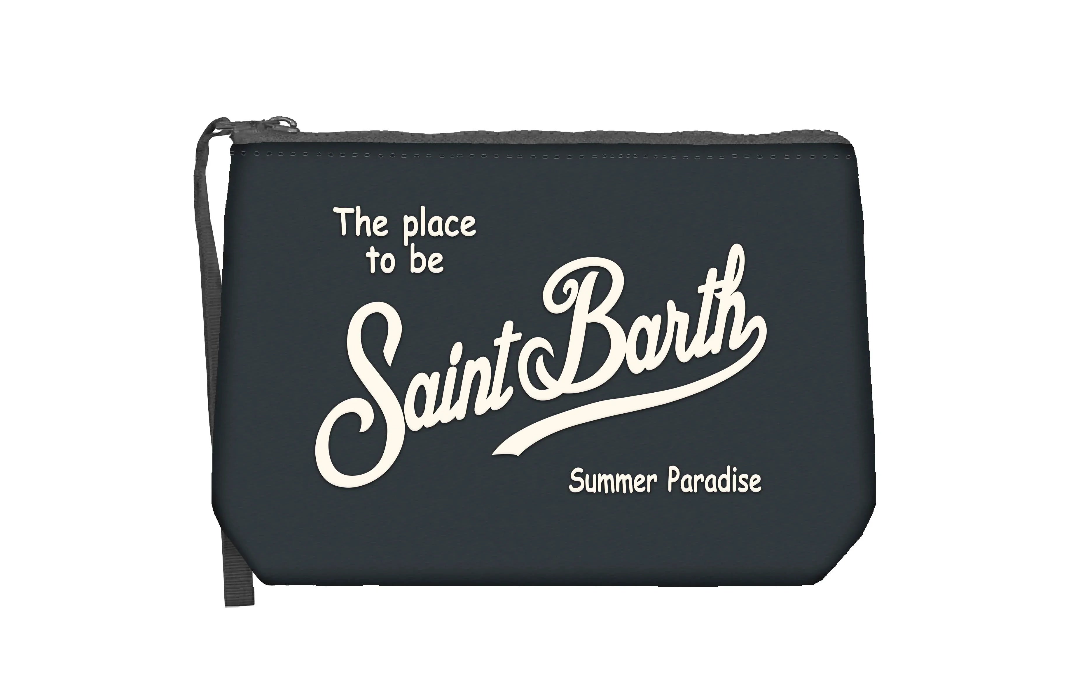 Pochette nera in nylon con scritta bianca Saint Barth e laccetto, accessorio moda unisex.