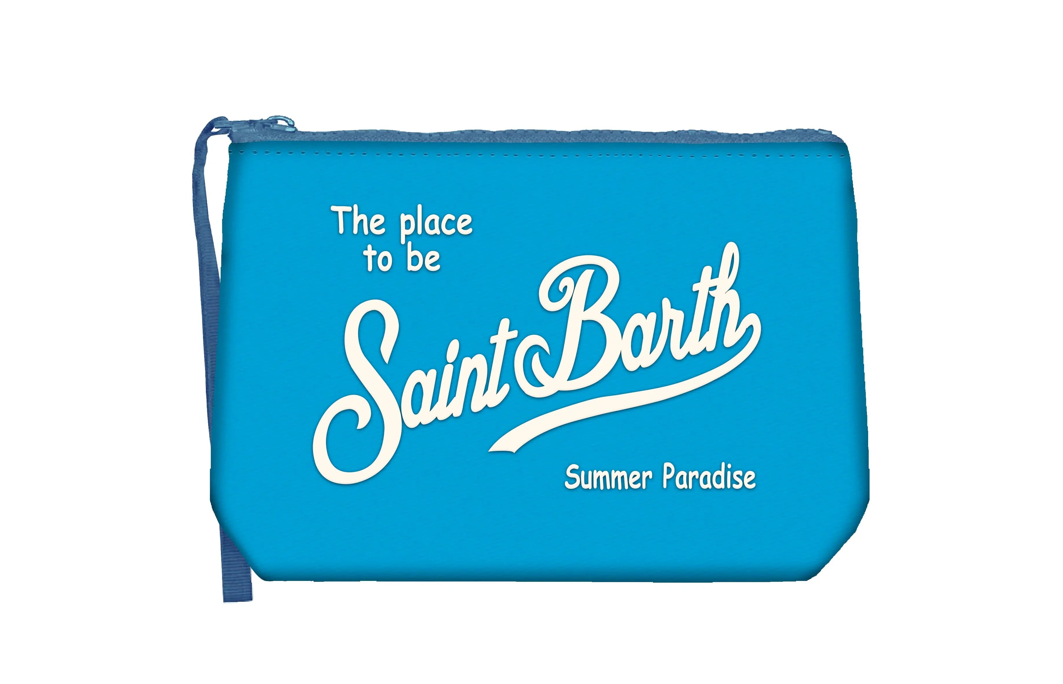 Pochette azzurra in nylon con scritta Saint Barth e dettagli Summer Paradise, zip laterale.
