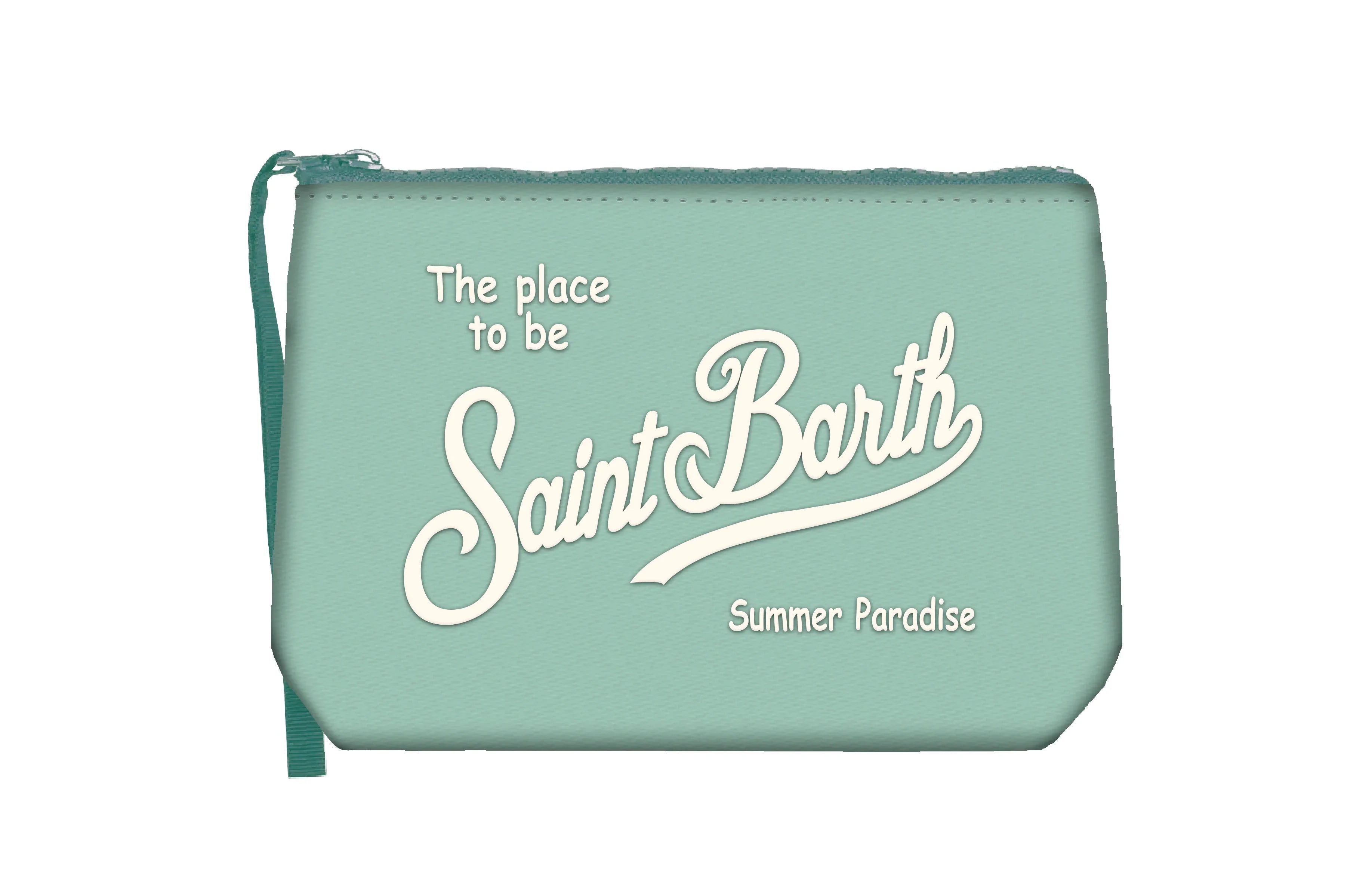 Pochette donna in tessuto nylon lino verde salvia con scritta Saint Barth Summer Paradise