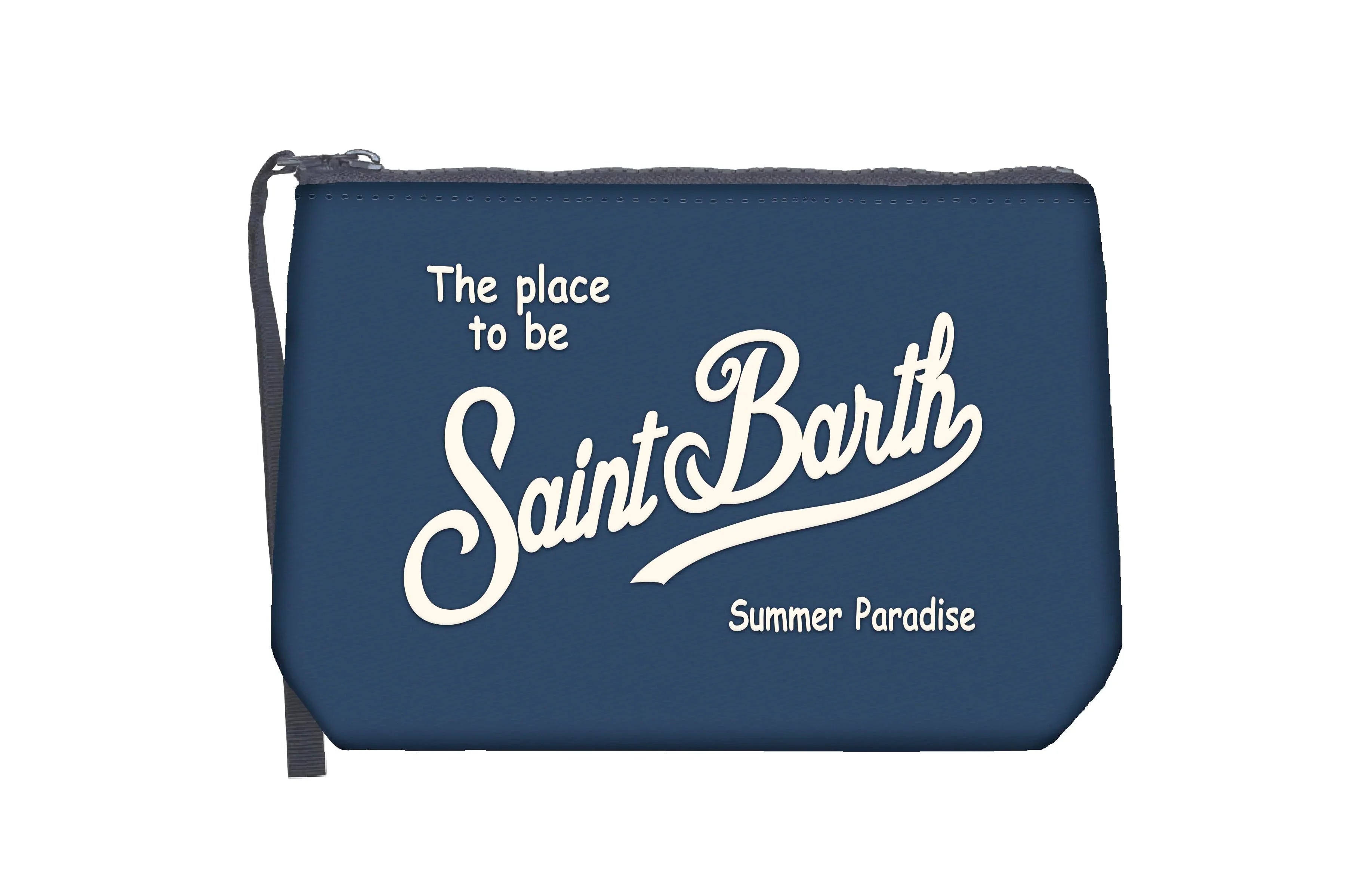 Pochette blu navy con scritta bianca "Saint Barth" e frase "The place to be Summer Paradise".