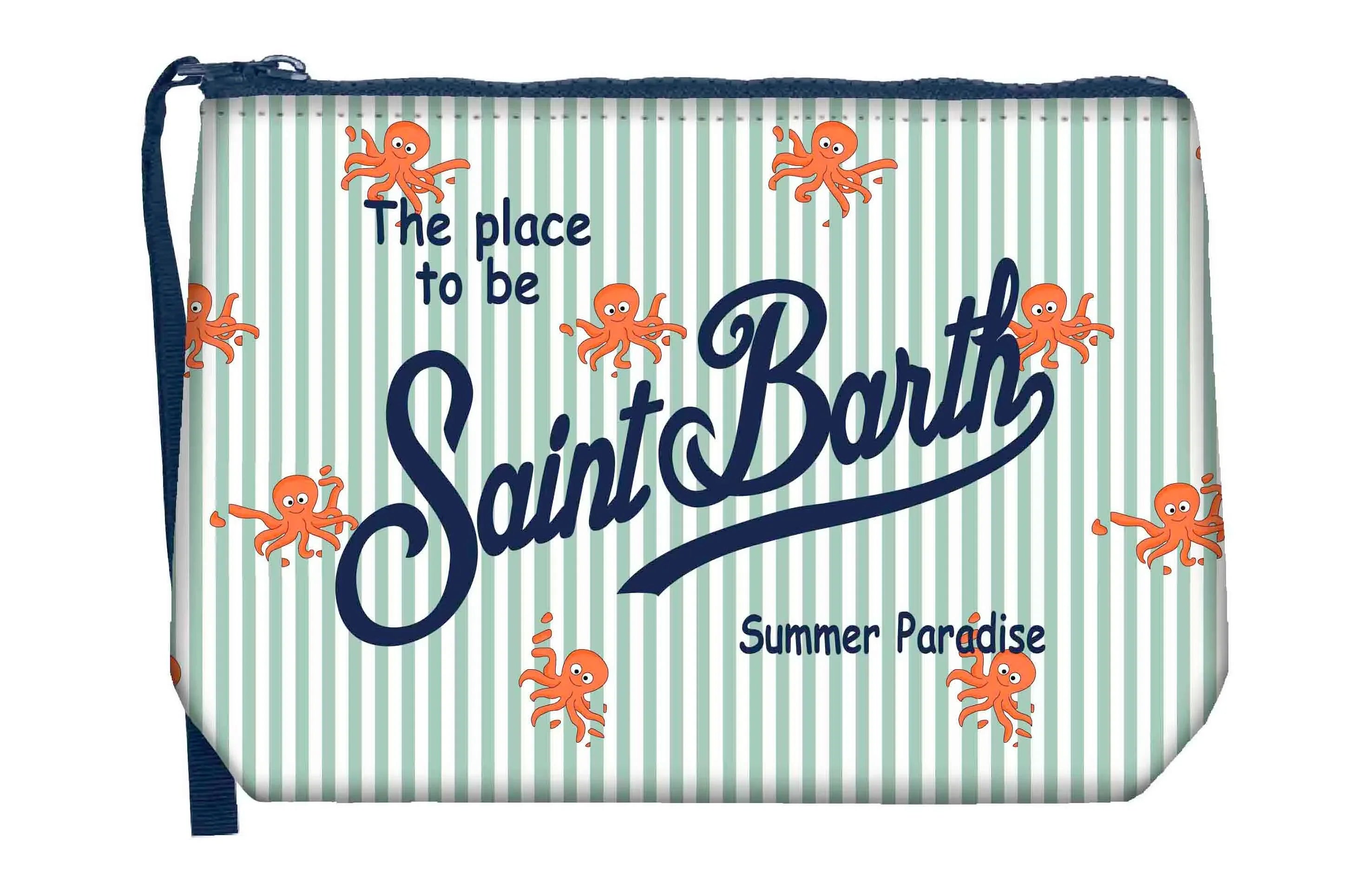 Pochette a righe verdi e bianche con polpi arancioni e scritta Saint Barth, accessorio estivo.