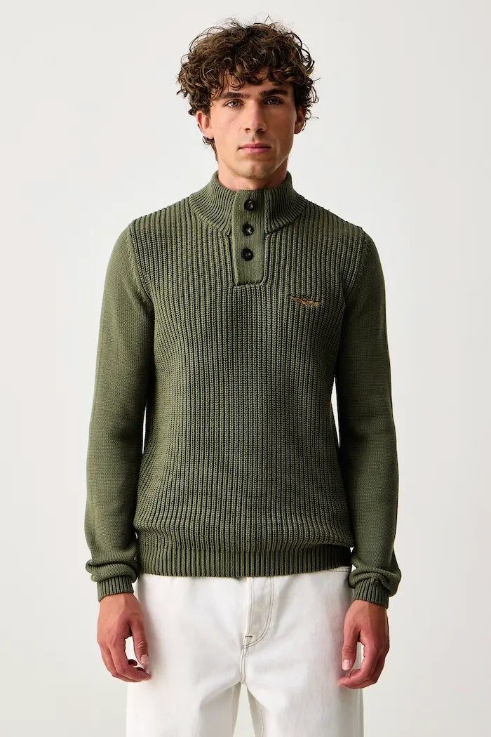 Aeronautica Militare Maglia Collo Alto con Bottoni Petrol Green - Vista Frontale