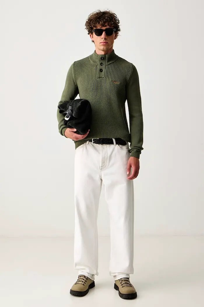 Aeronautica Militare Maglia Collo Alto con Bottoni Petrol Green - Dettaglio Collo e Bottoni