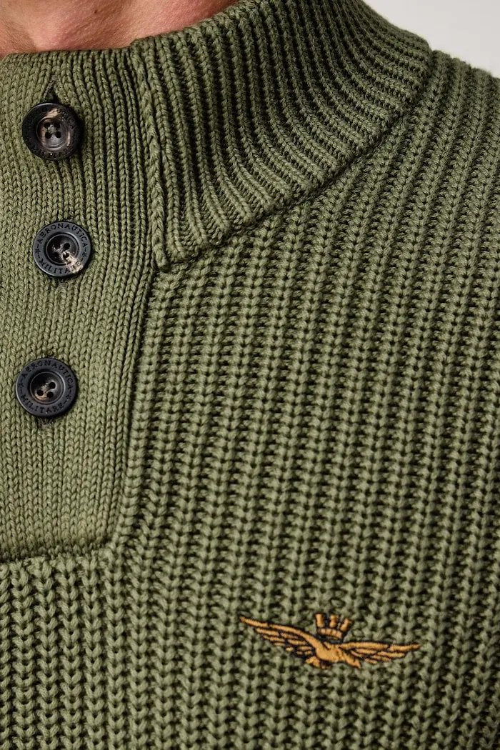 Aeronautica Militare Maglia Collo Alto con Bottoni Petrol Green - Dettaglio Finiture