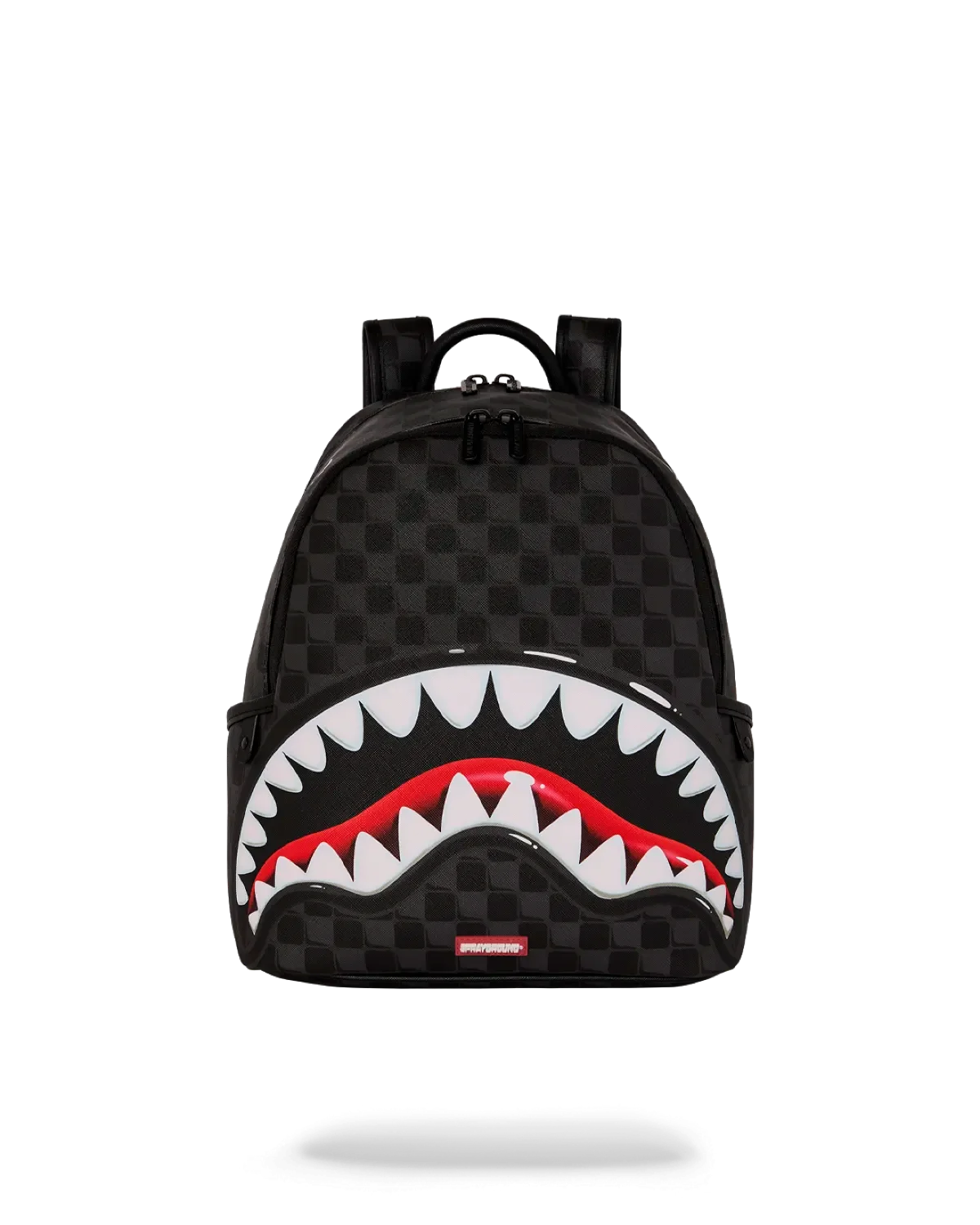 Zaino nero fantasia check con stampa bocca squamata bianca e rossa, accessorio moda uomo