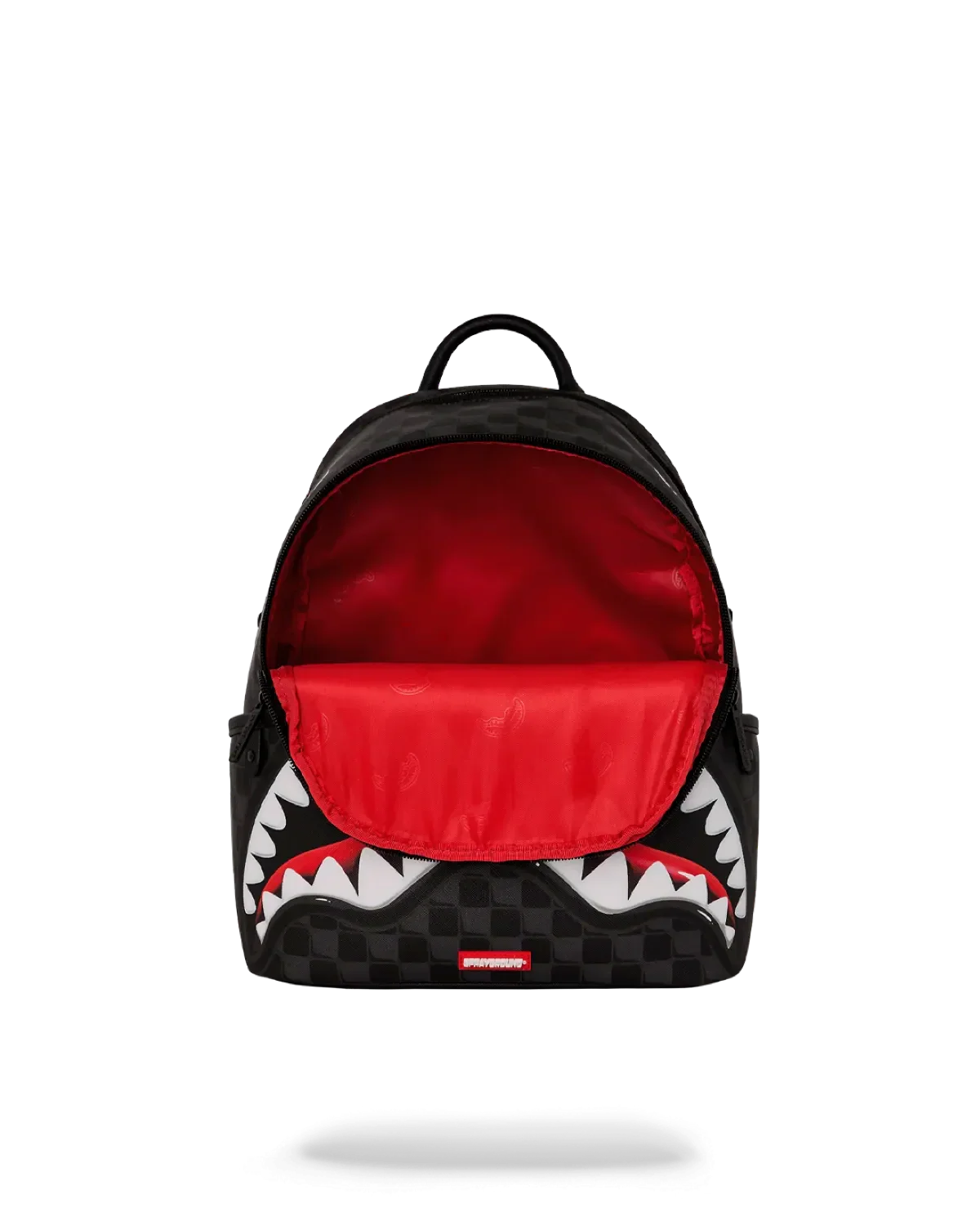 Zaino nero con interno rosso, motivo a scacchi e stampa denti stilizzati, moda uomo donna