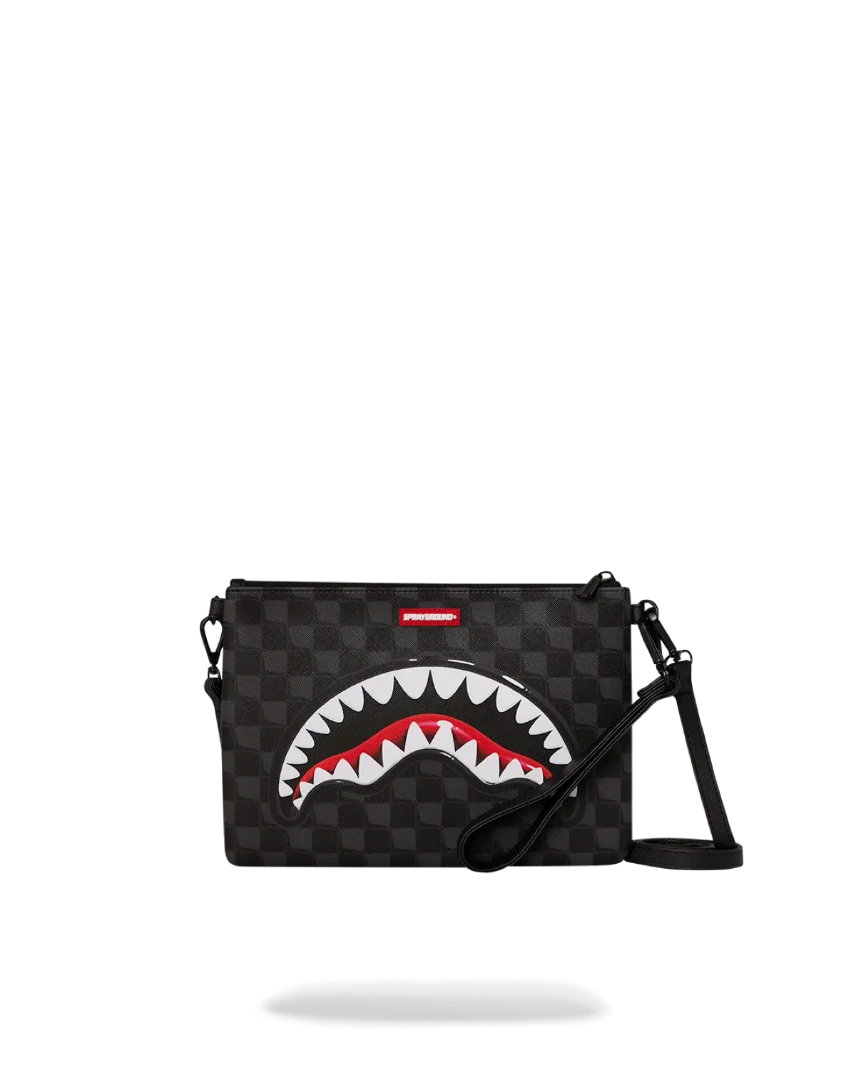 Borsa tracolla nera a scacchi con stampa bocca squalo, accessorio moda unisex