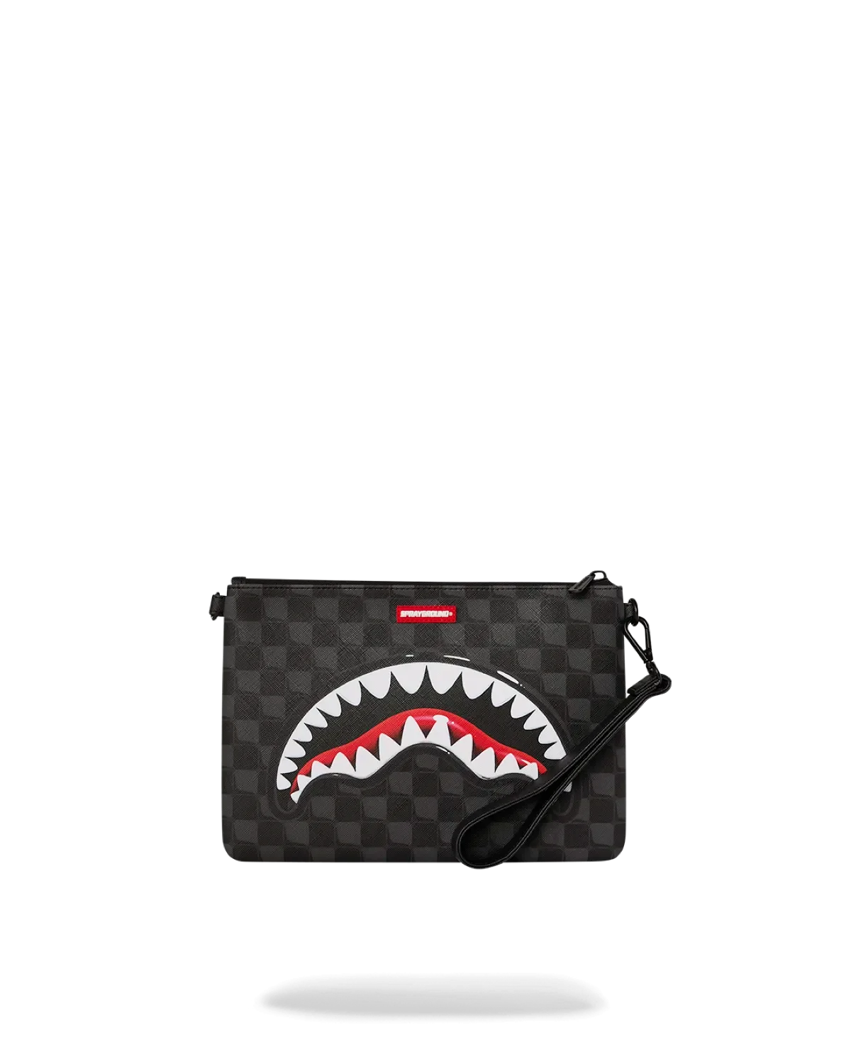 Pochette uomo nera con motivo a scacchi e stampa bocca di squalo, accessorio moda trendy