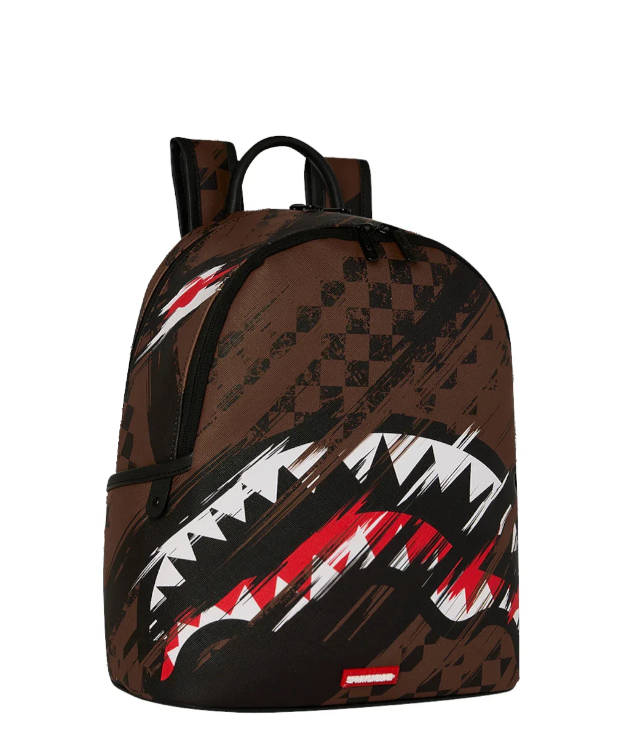Zaino marrone unisex con stampa grafica di denti e dettagli neri, rossi e bianchi