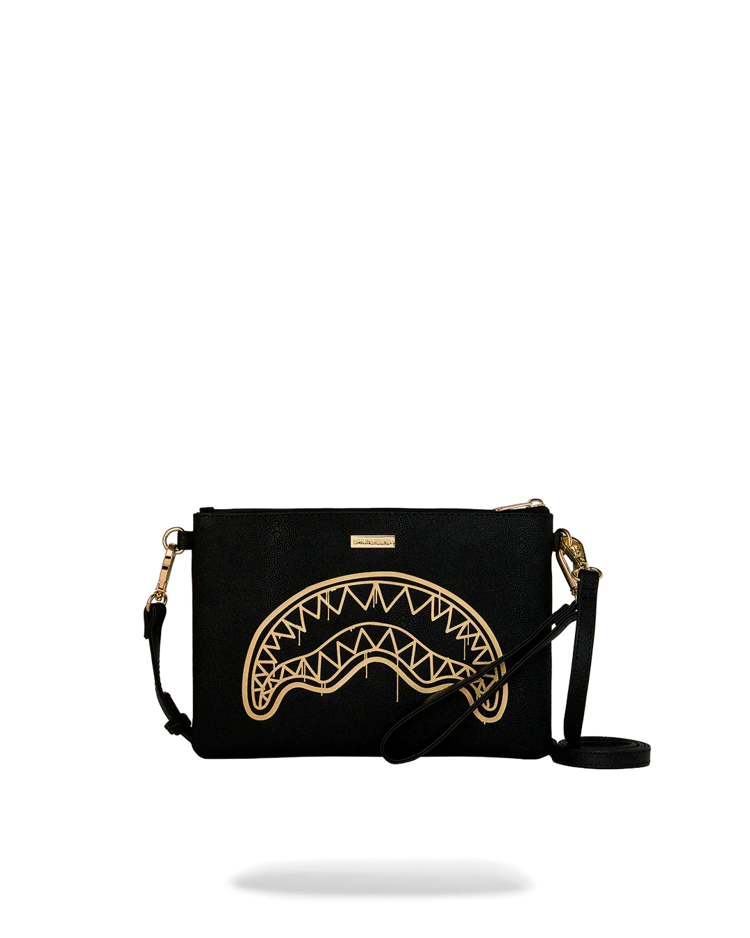Pochette donna nera con tracolla e decorazione oro, accessorio moda elegante