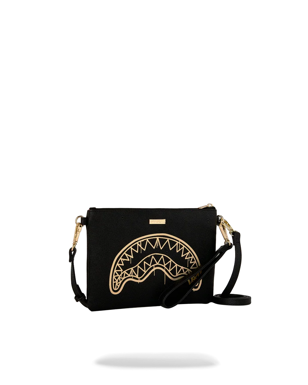 Pochette nera donna con stampa dorata geometrica e tracolla, accessori moda eleganti