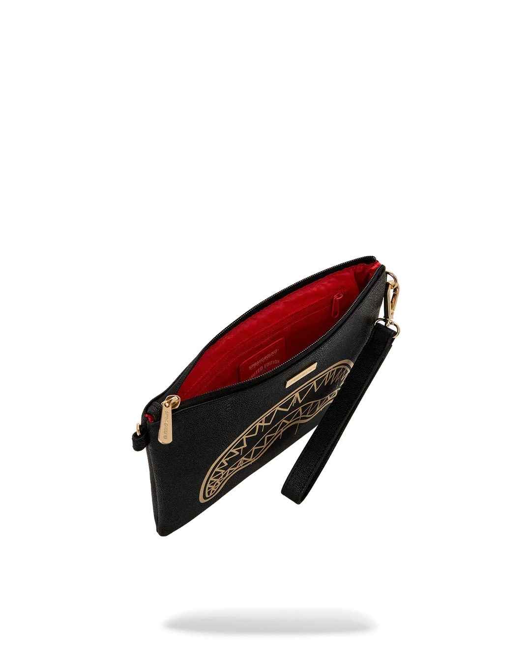 Pochette nera da donna con decoro oro, interno rosso e chiusura con zip, accessori moda