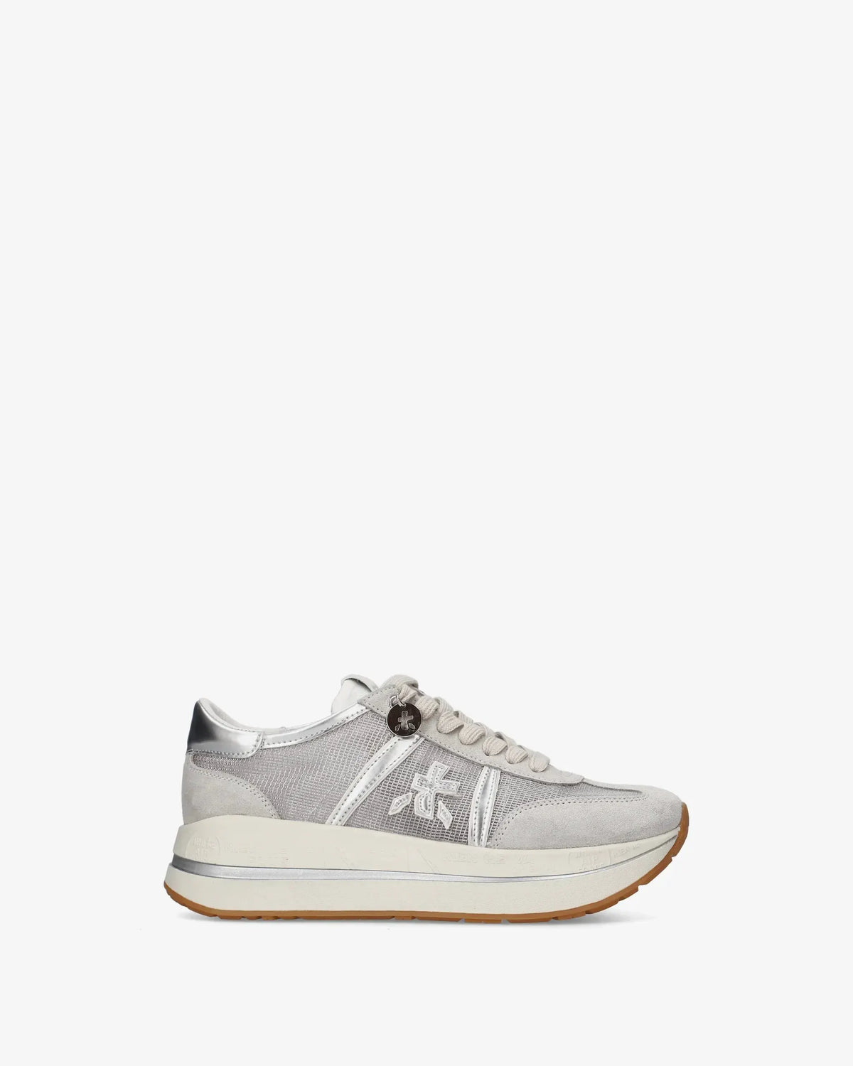 Sneaker donna grigia in suede e tessuto con dettagli bianchi e suola alta, moda casual.