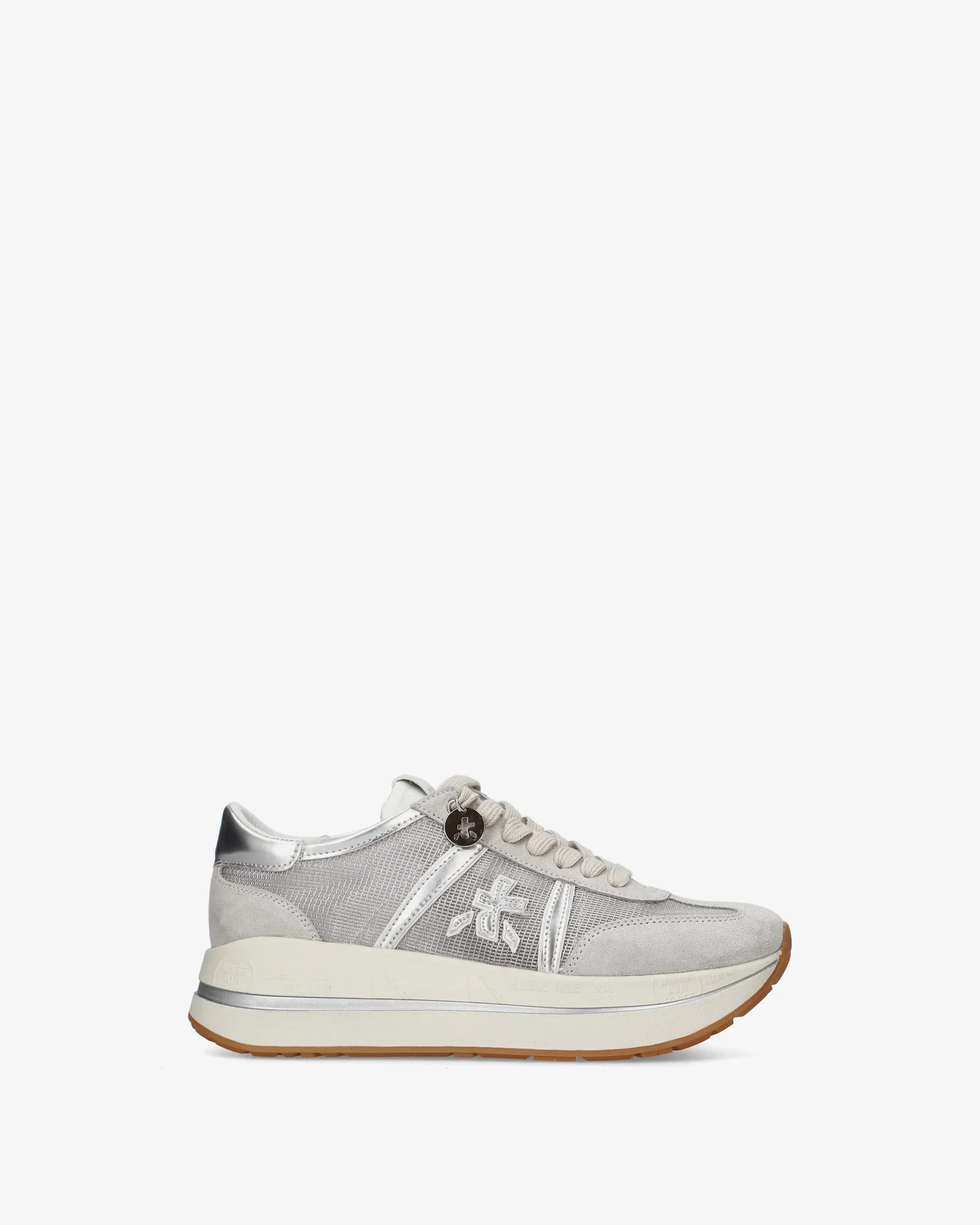 Sneaker donna grigia in suede e tessuto con dettagli bianchi e suola alta, moda casual.