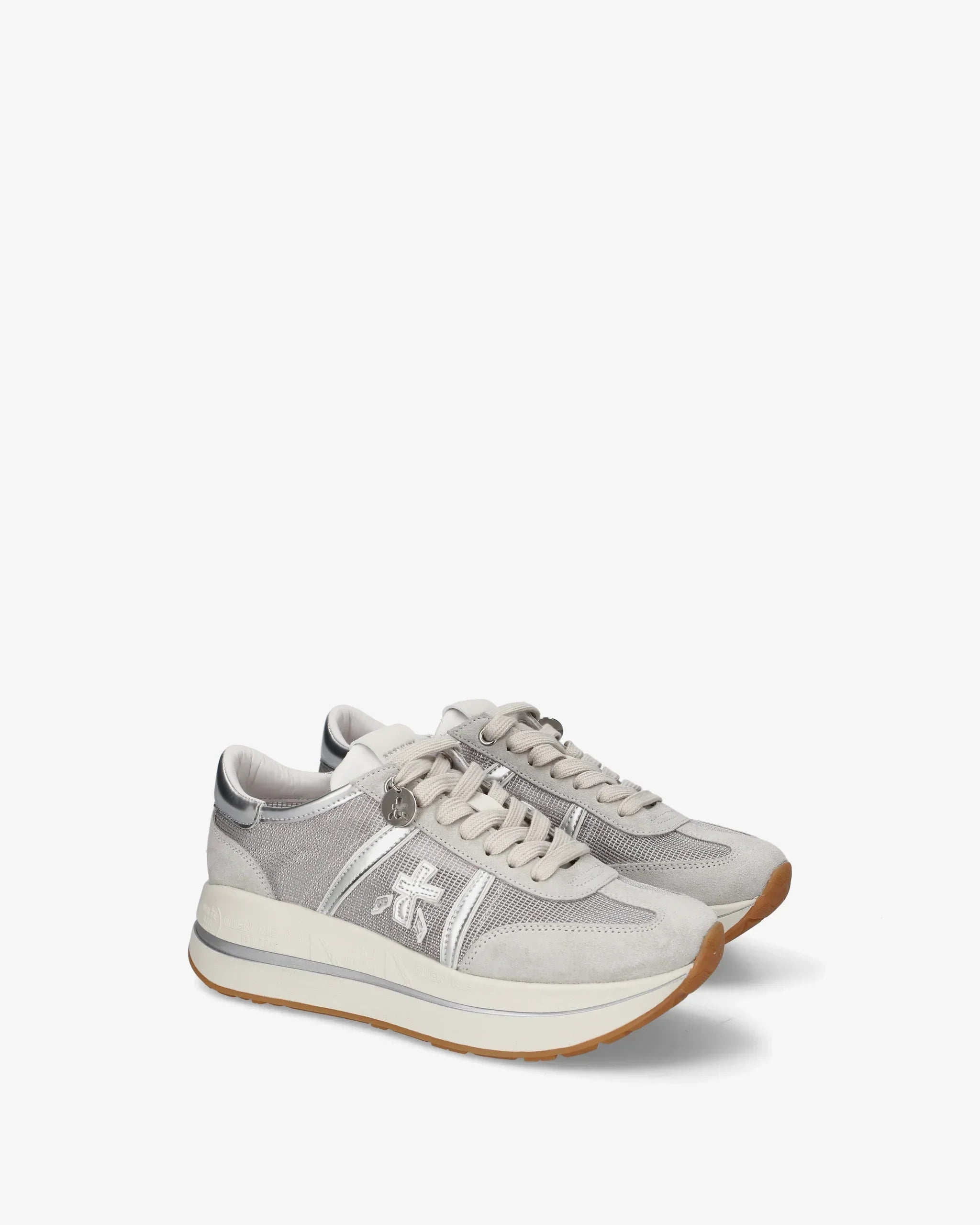 Sneakers uomo beige e grigie con suola spessa, dettagli in pelle e logo laterale