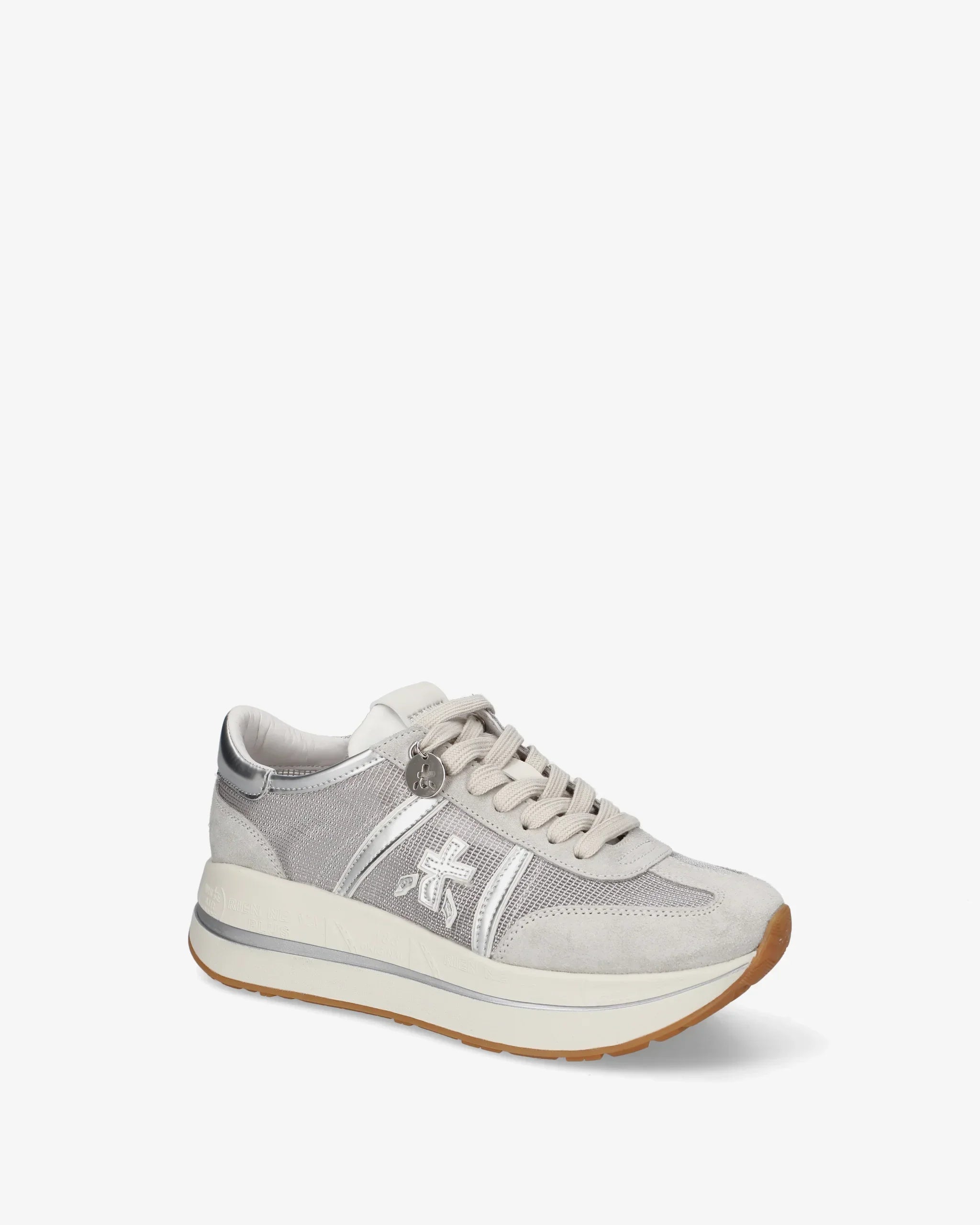 Sneaker donna beige e grigia con suola rialzata, dettagli in pelle e logo laterale
