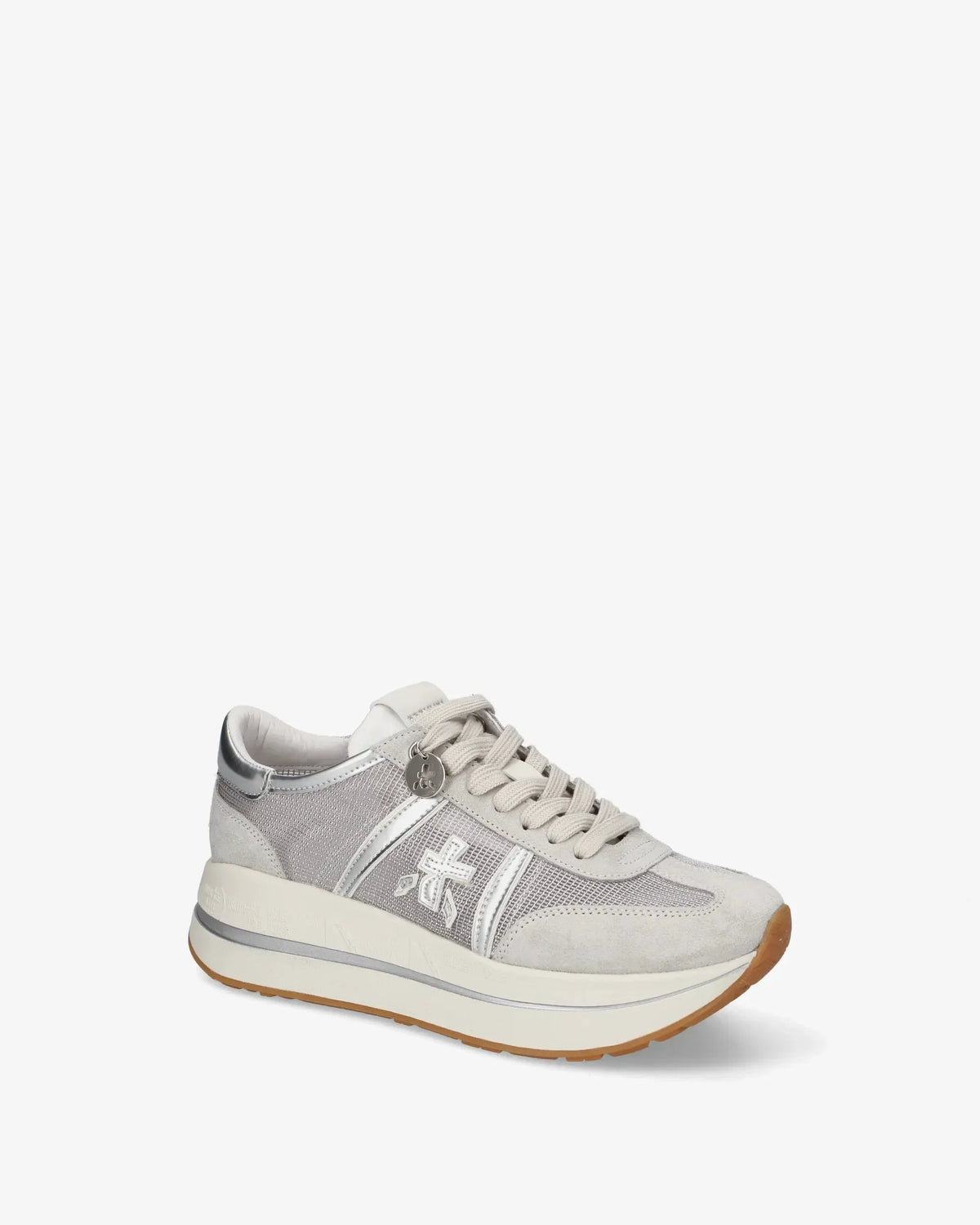 Sneaker donna beige e grigia con suola rialzata, dettagli in pelle e logo laterale