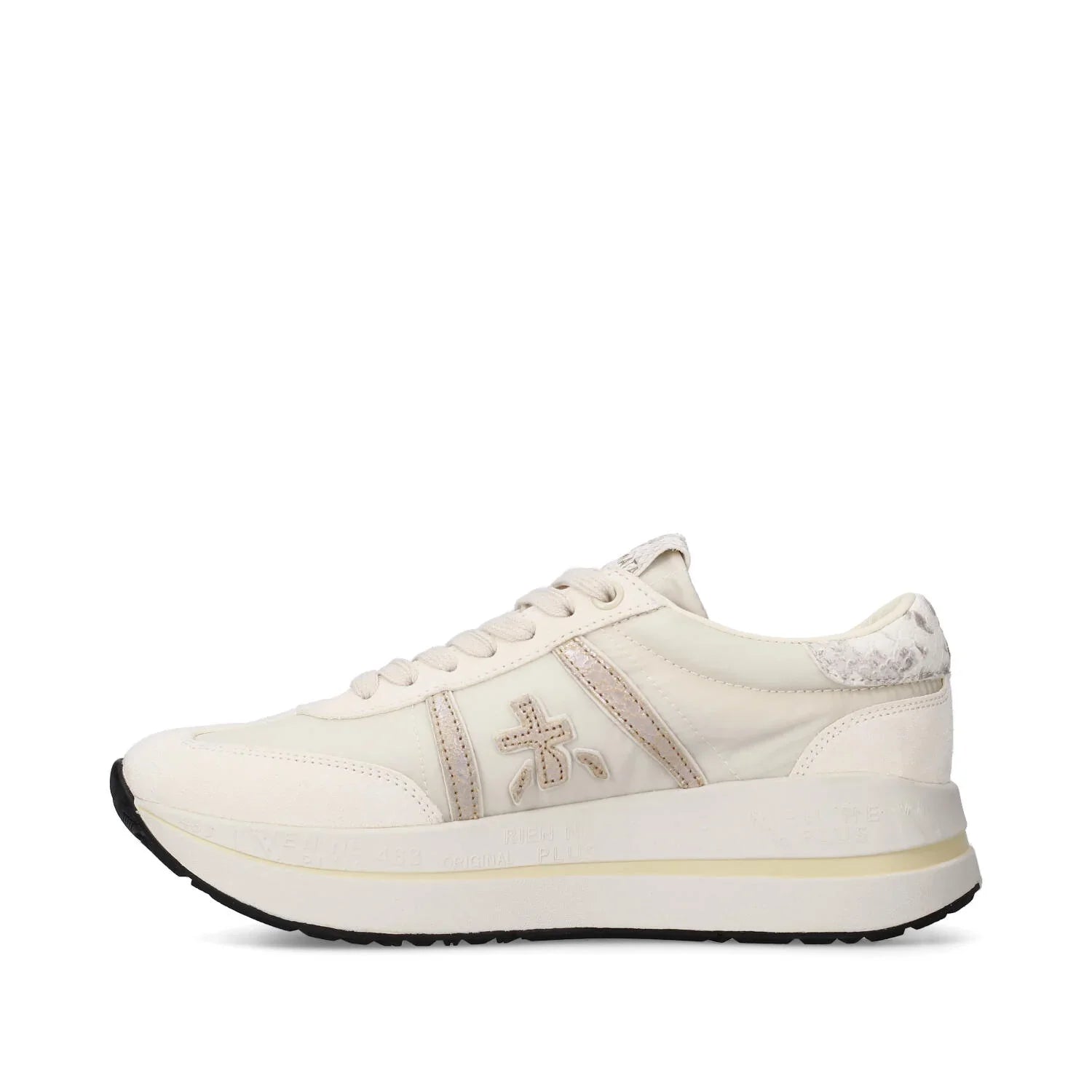 Sneaker donna bianca con suola alta, dettagli beige e tallone effetto pitonato