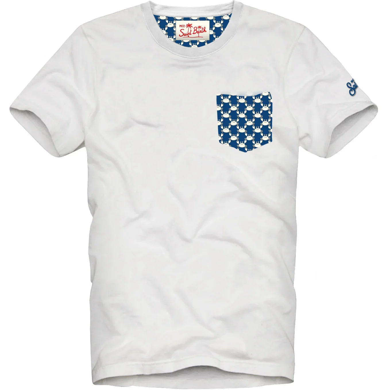 T-shirt bianca uomo con taschino blu a fantasia granchi, stile casual estivo